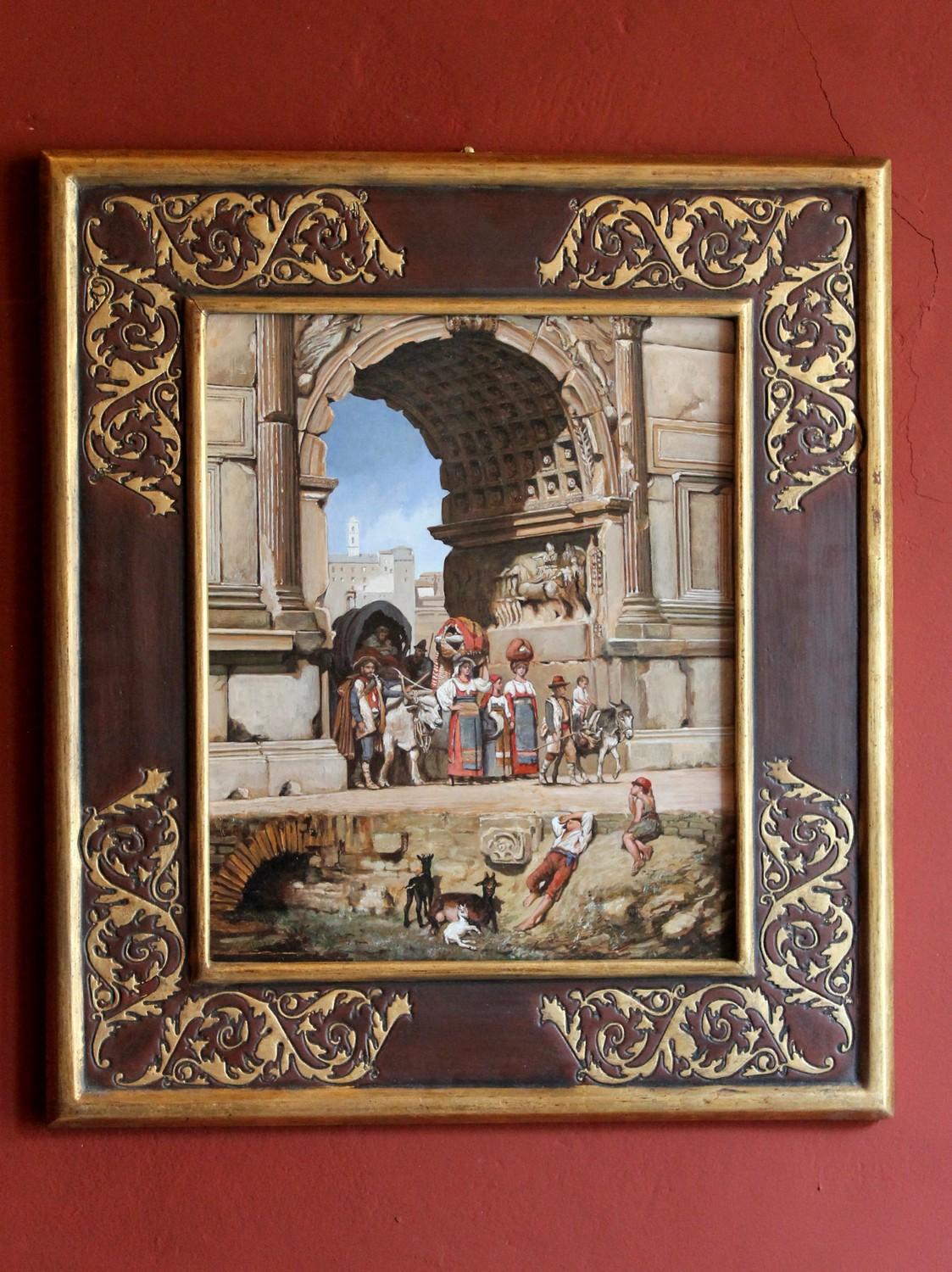 This fascinating turn of the century oil on wood panel painting, depicting a view of one of the most evocative Roman ruins, contains stories from different artistic eras.
The pride of Italian realism is represented in the group of villagers who,