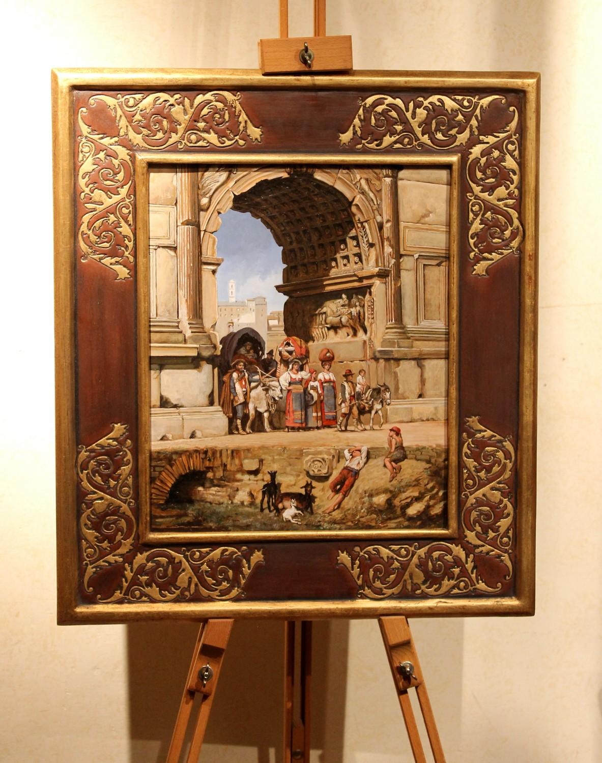 Grand Tour Italian Orientalist Style Oil on Board Painting with Classical Roman Ruins View