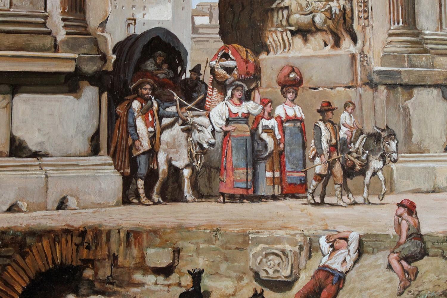 19th Century Italian Orientalist Style Oil on Board Painting with Classical Roman Ruins View