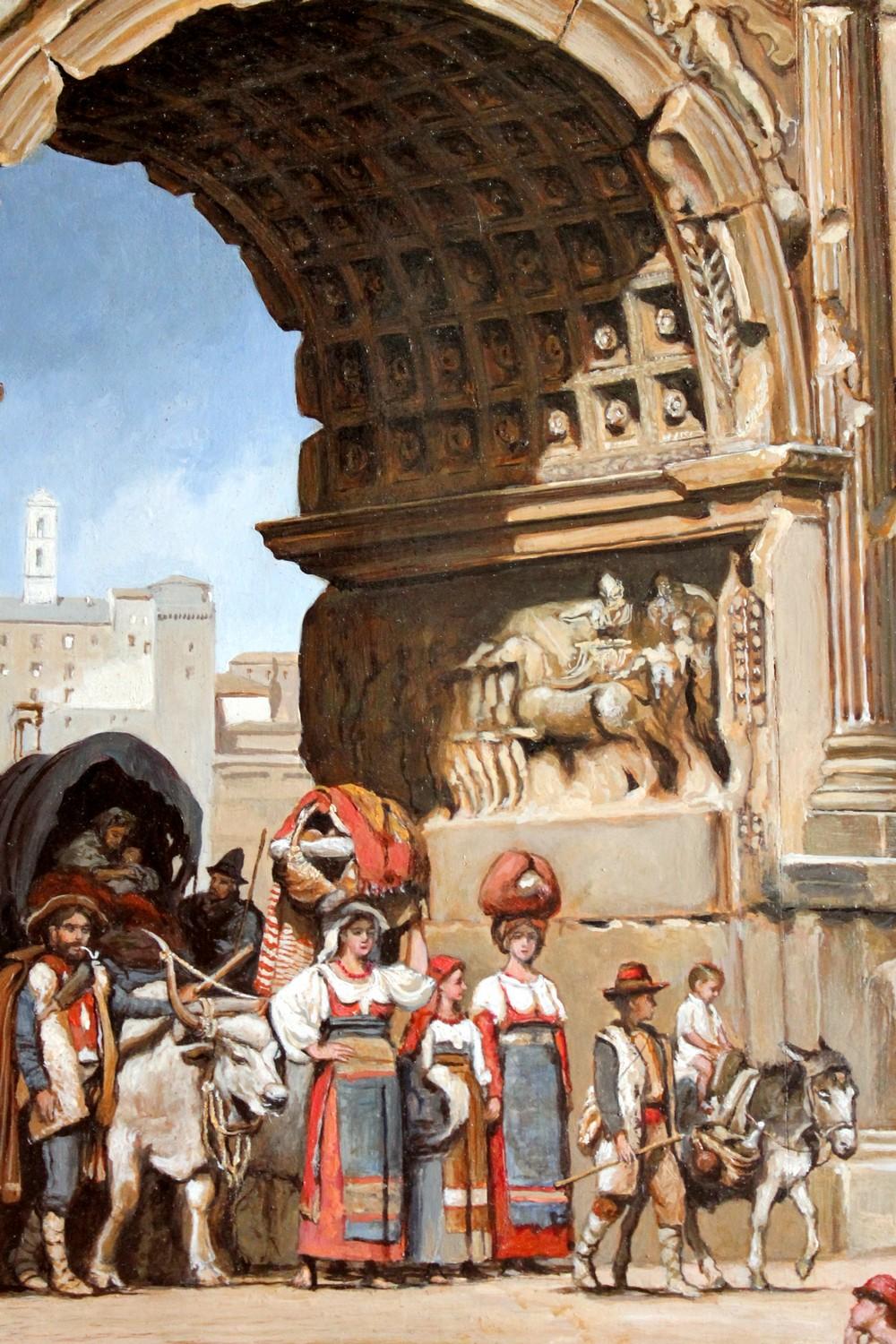 Wood Italian Orientalist Style Oil on Board Painting with Classical Roman Ruins View