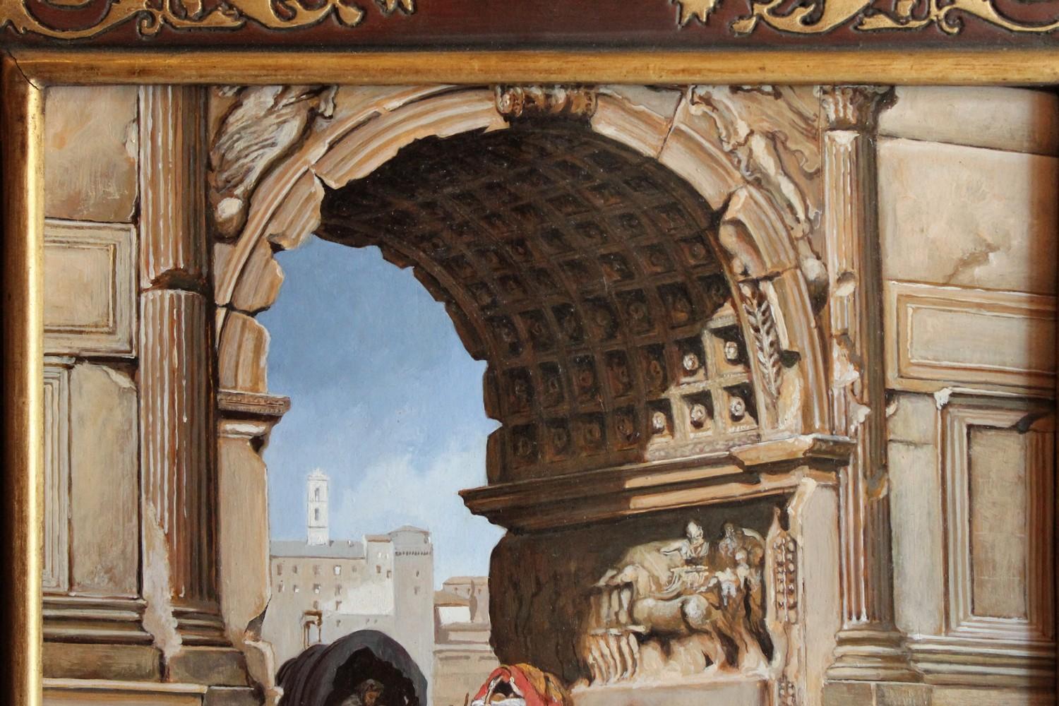 Italian Orientalist Style Oil on Board Painting with Classical Roman Ruins View 1