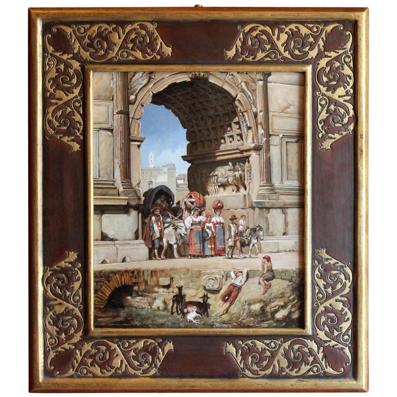 Italian Orientalist Style Oil on Board Painting with Classical Roman Ruins View