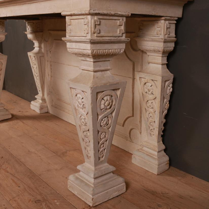 Wonderful 18th century Italian original painted carved wood console table, 1780.

This console breaks down into 5 pieces for transport.

Dimensions:
72 inches (183 cms) wide
26 inches (66 cms) deep
39.5 inches (100 cms) high.

 