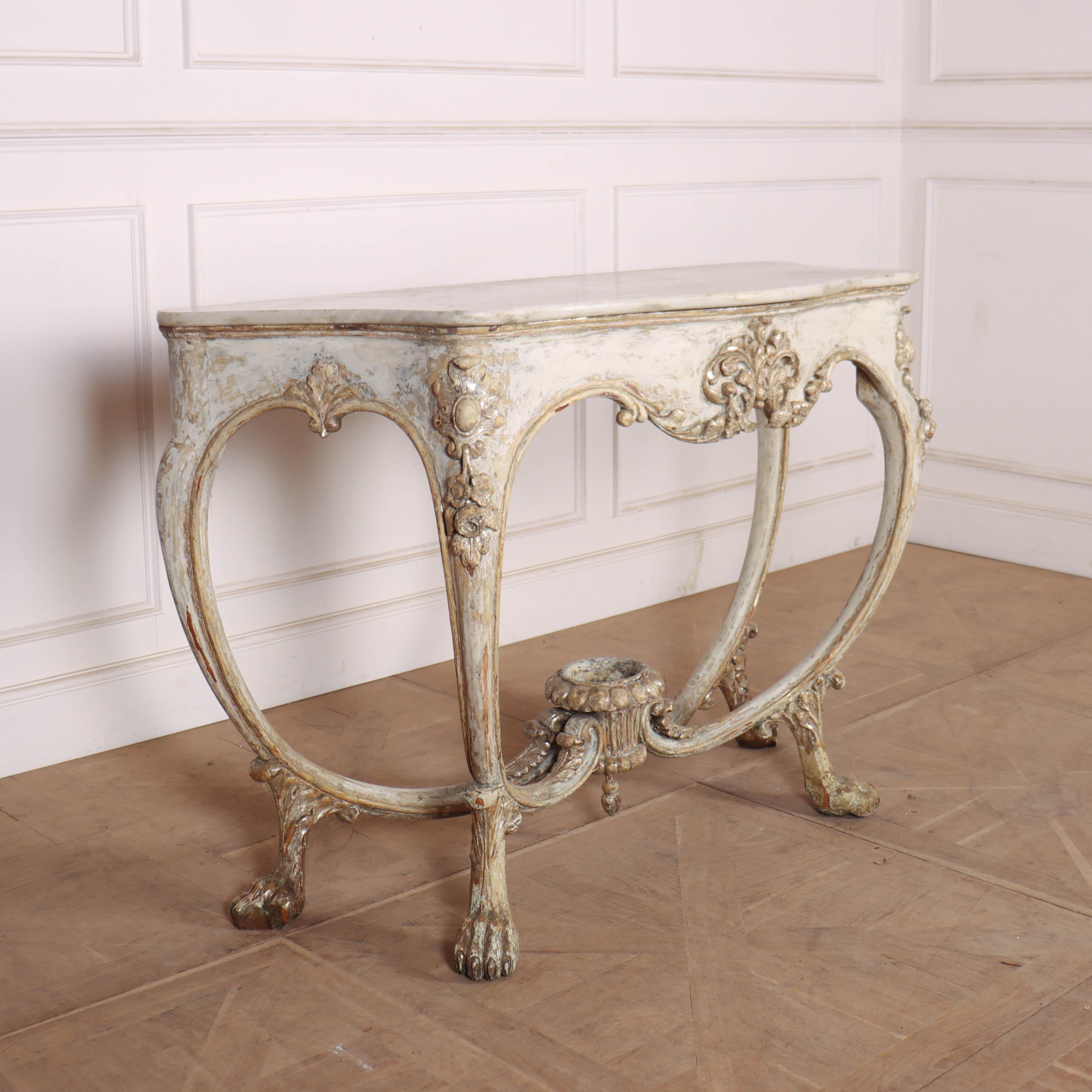 19th century Italian orginal painted serpentine console table on paw feet, featuring carved floral details and a white marble top. 1880.

Reference: 7865

Dimensions
53 inches (135 cms) Wide
23.5 inches (60 cms) Deep
37.5 inches (95 cms) High