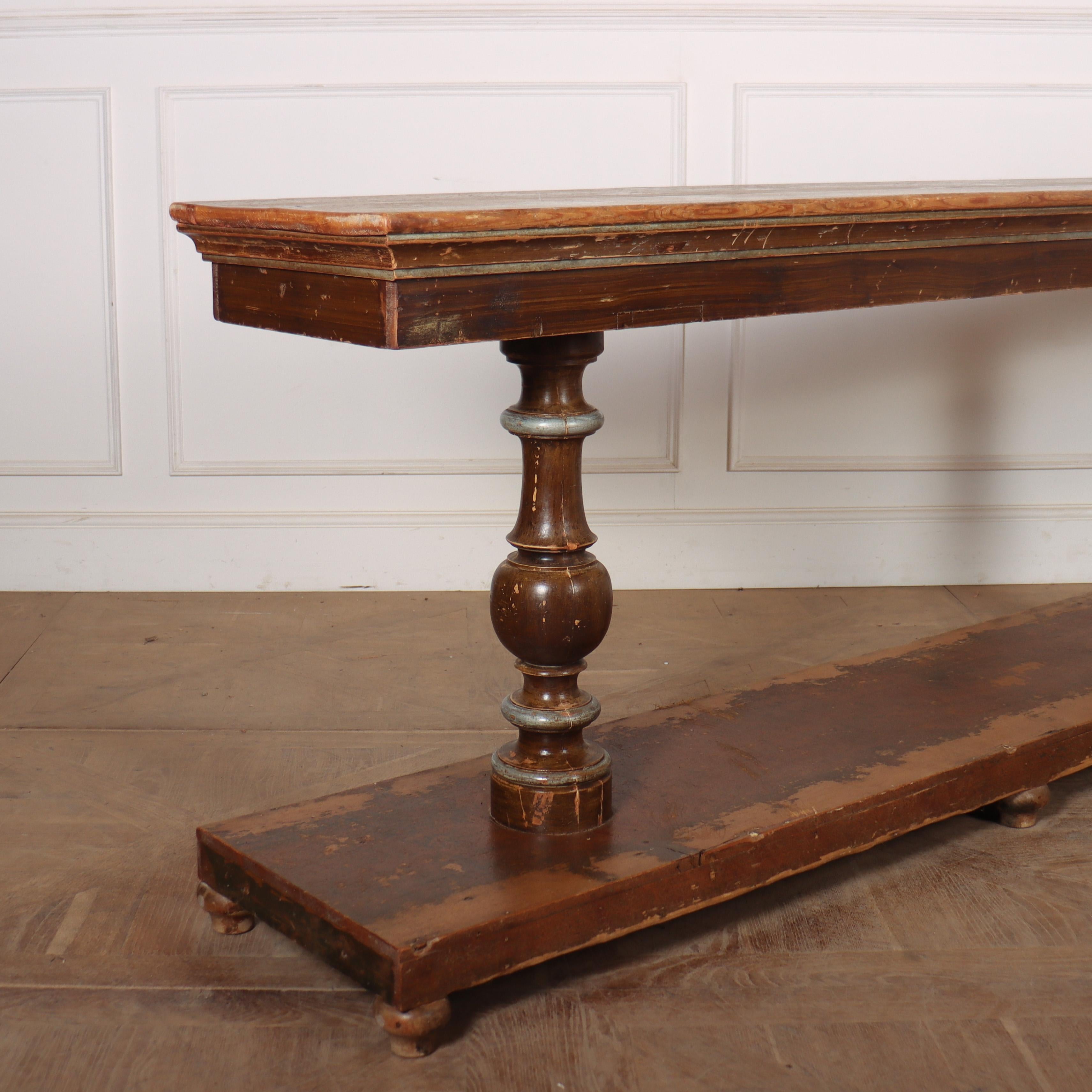 Good 19th C Italian original painted console table. Lovely mellow pine top. 1840.

Reference: 8327

Dimensions
84 inches (213 cms) Wide
18 inches (46 cms) Deep
35 inches (89 cms) High