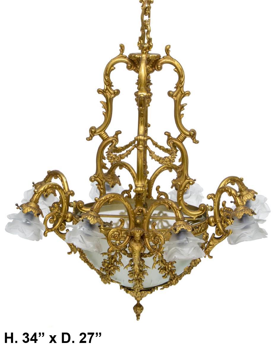 Italian ormolu 9 light chandelier with crystal shades  In Good Condition For Sale In Cypress, CA