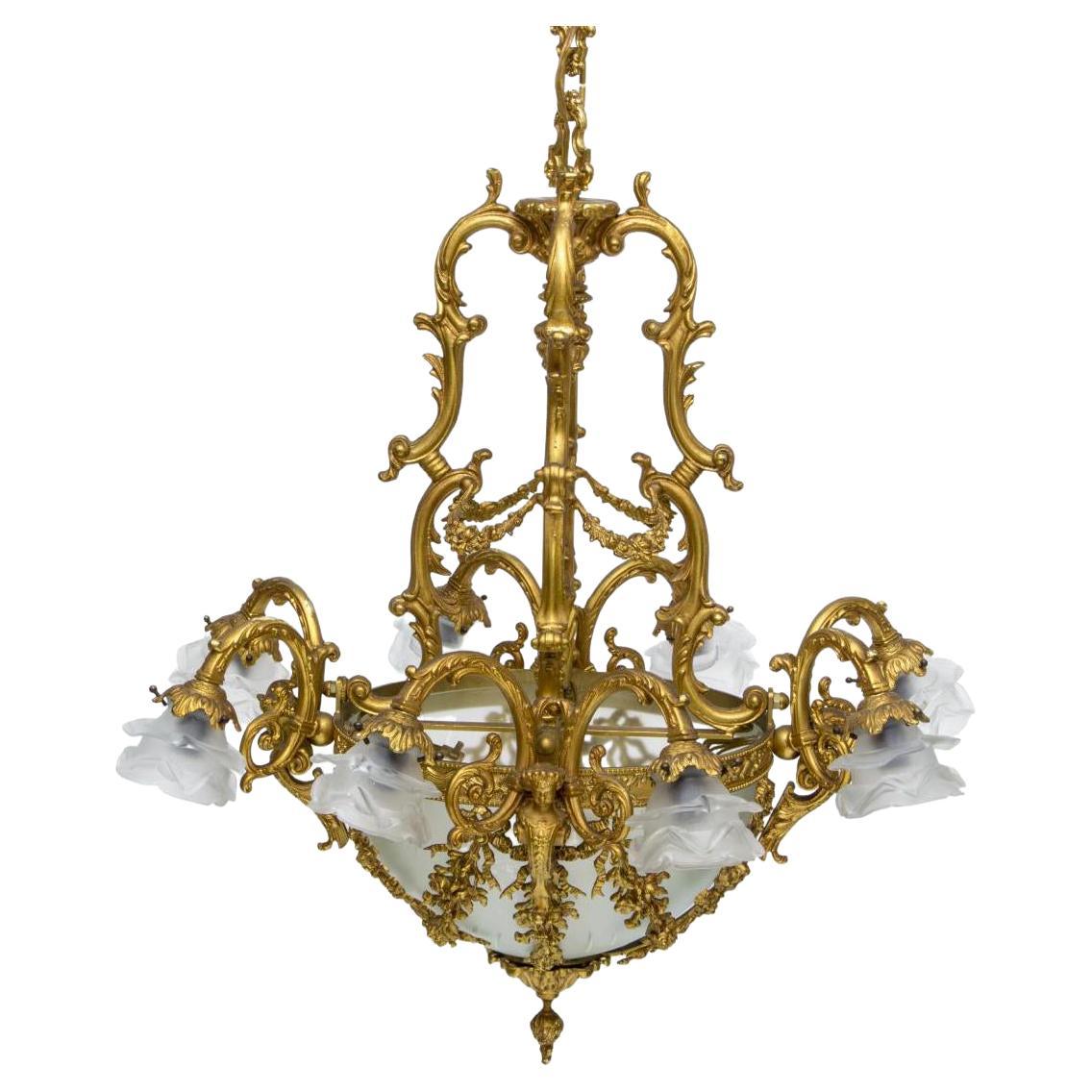 Italian ormolu 9 light chandelier with crystal shades  For Sale