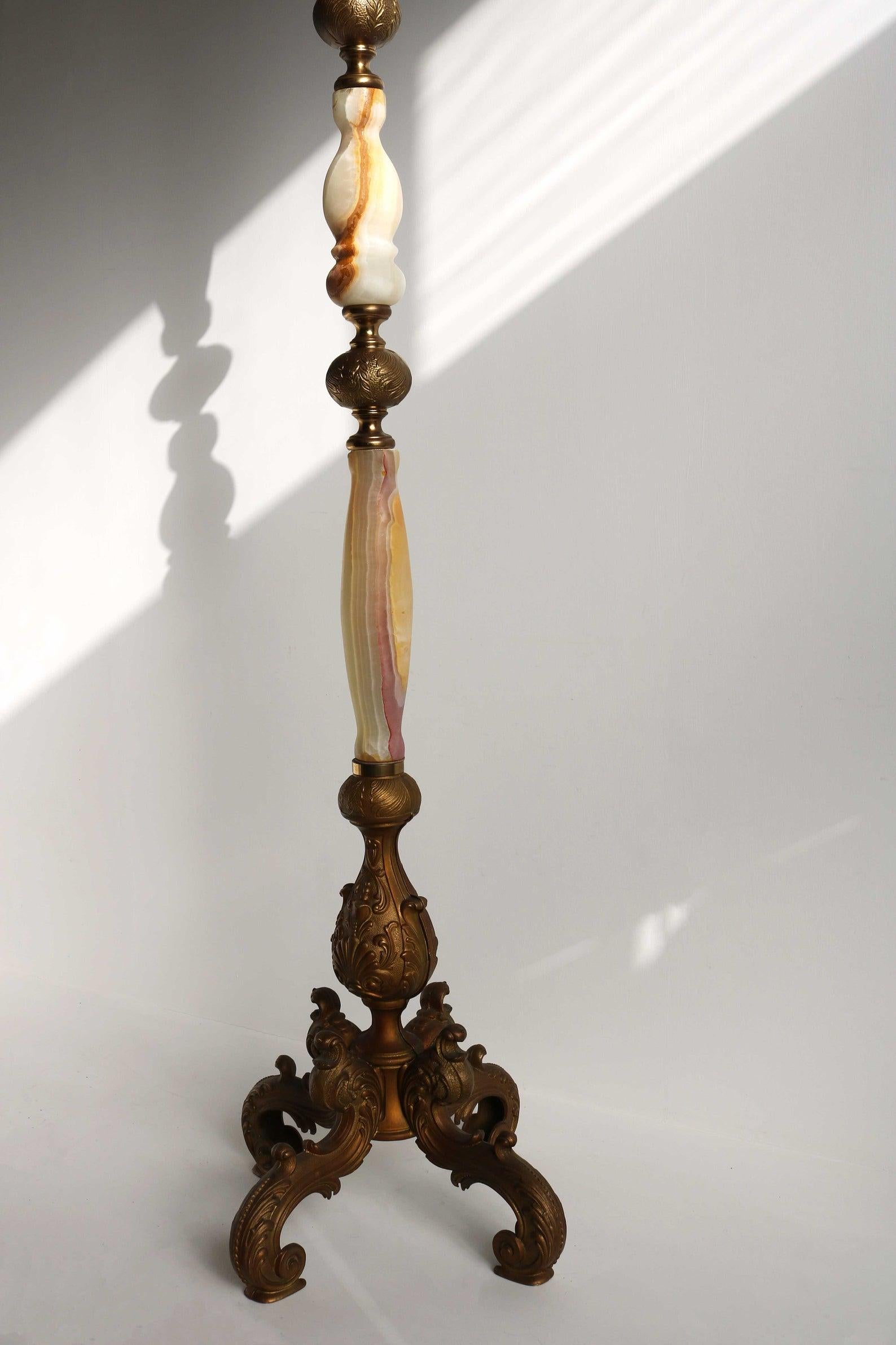 Italian Ornate Antique Brass & Onyx Brown Marble Coat Hat Rack Hall Tree, 1950s 2