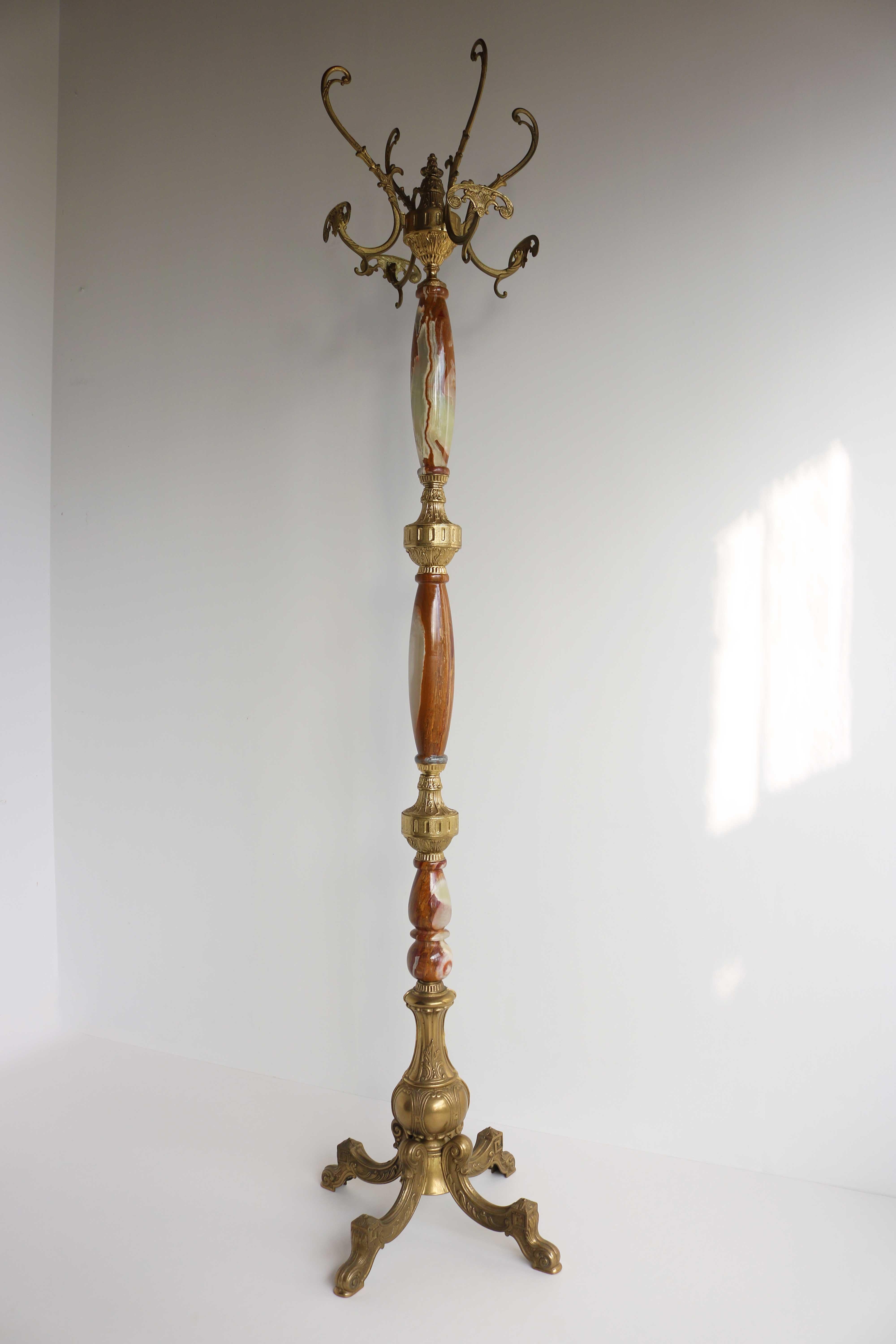 Italian Ornate Antique Brass & Onyx Brown Marble Coat Hat Rack Hall Tree, 1950s For Sale 1