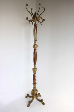 Italian Ornate Antique Brass & Onyx Brown Marble Coat Hat Rack Hall Tree, 1950s