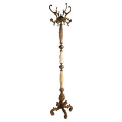 Italian Ornate Antique Brass & Onyx Brown Marble Coat Hat Rack Hall Tree, 1950s