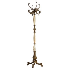 Italian Ornate Antique Brass & Onyx Brown Marble Coat Hat Rack Hall Tree 1950s