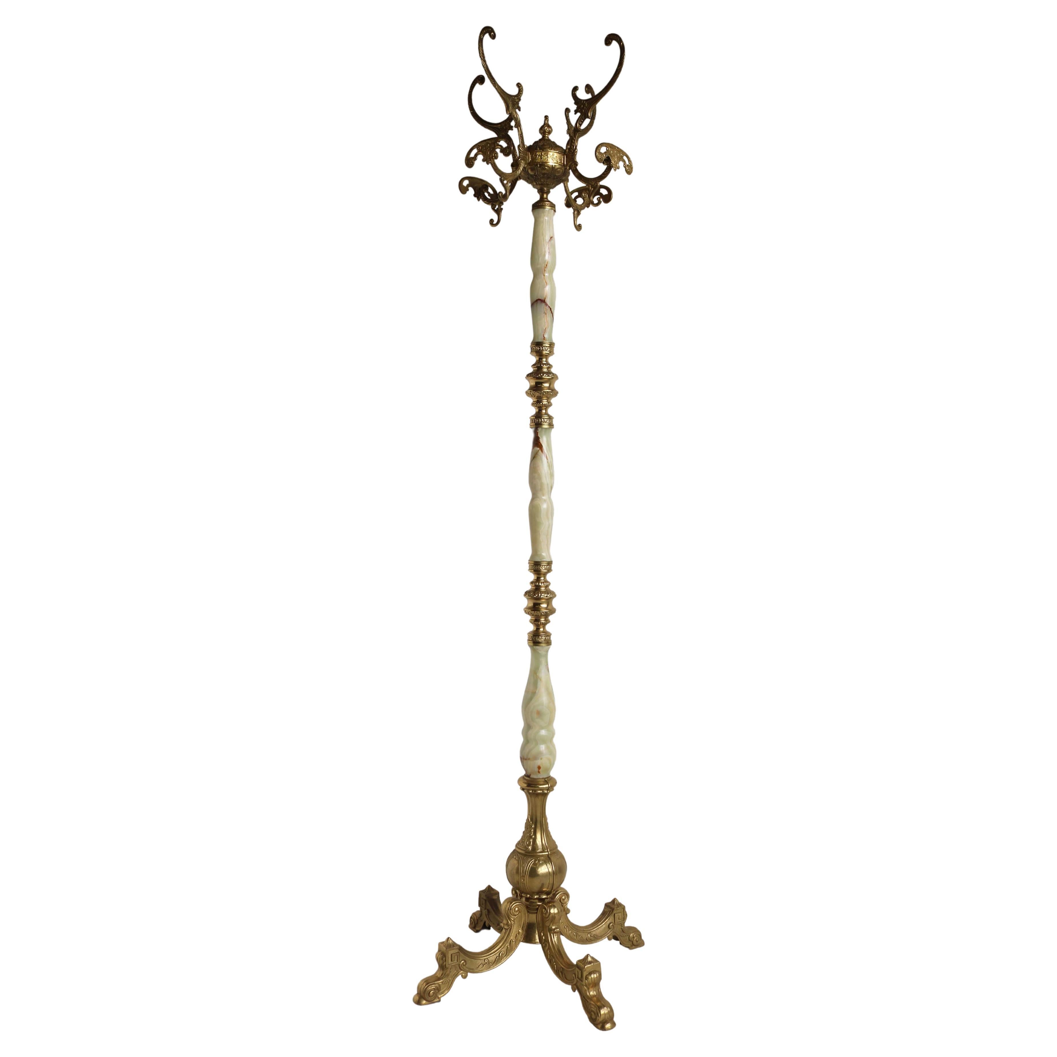 Italian Ornate Antique Brass & Onyx Round Marble Coat Hat Rack Hall Tree 1950s