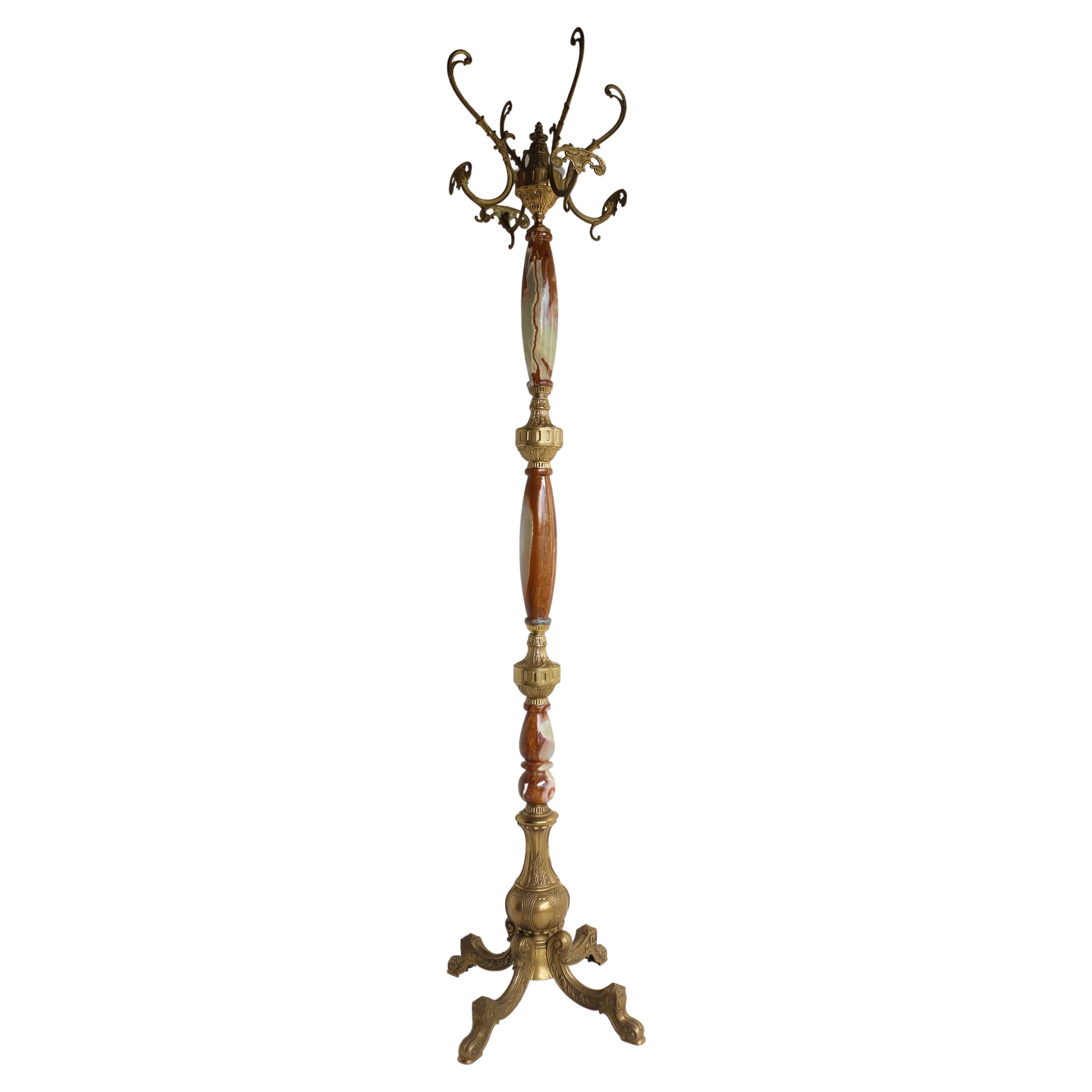 Italian Ornate Antique Brass & Onyx Brown Marble Coat Hat Rack Hall Tree, 1950s For Sale