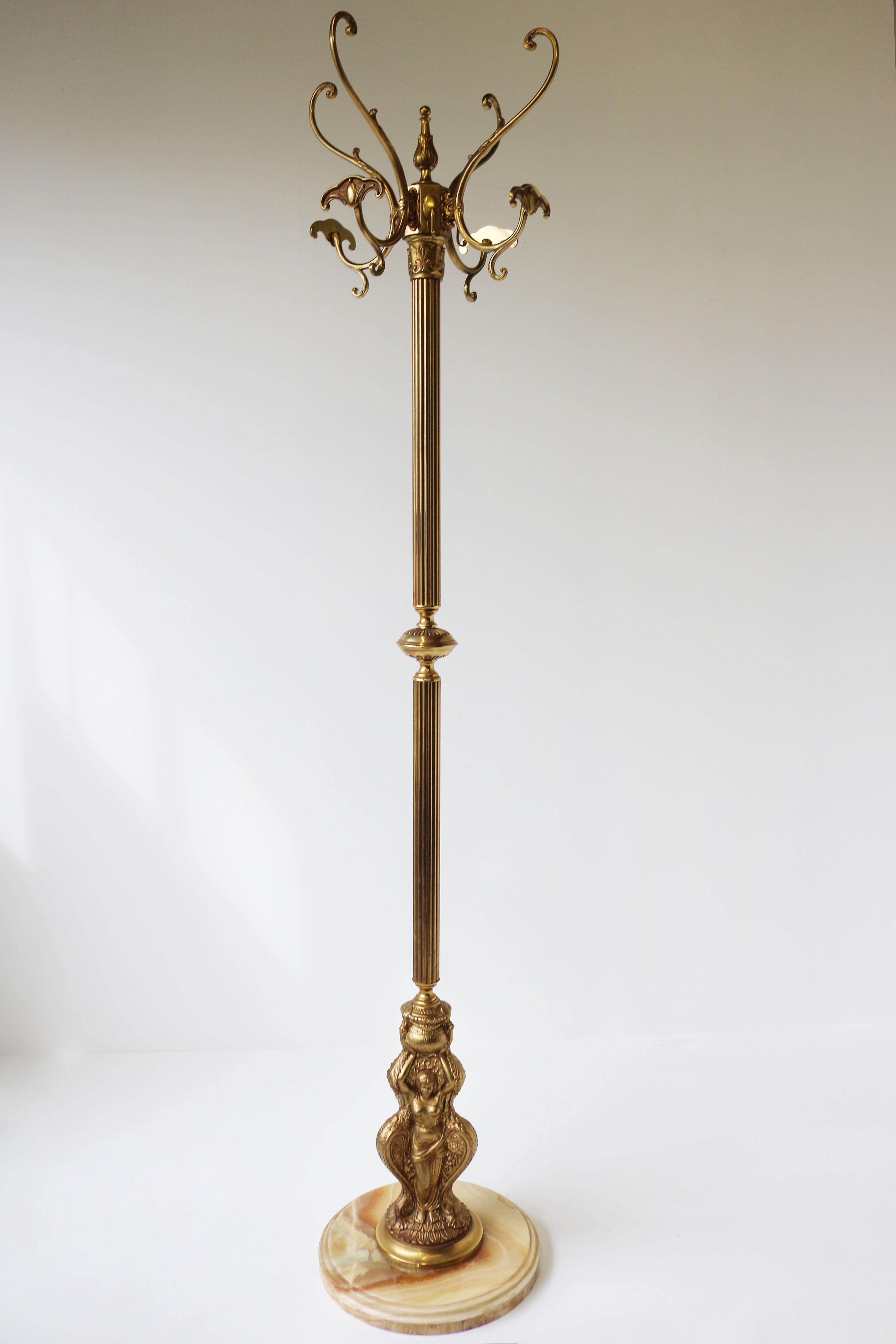 Italian Ornate Antique Brass & Onyx Marble Coat Hat Rack Hall Tree Woman 1950 8