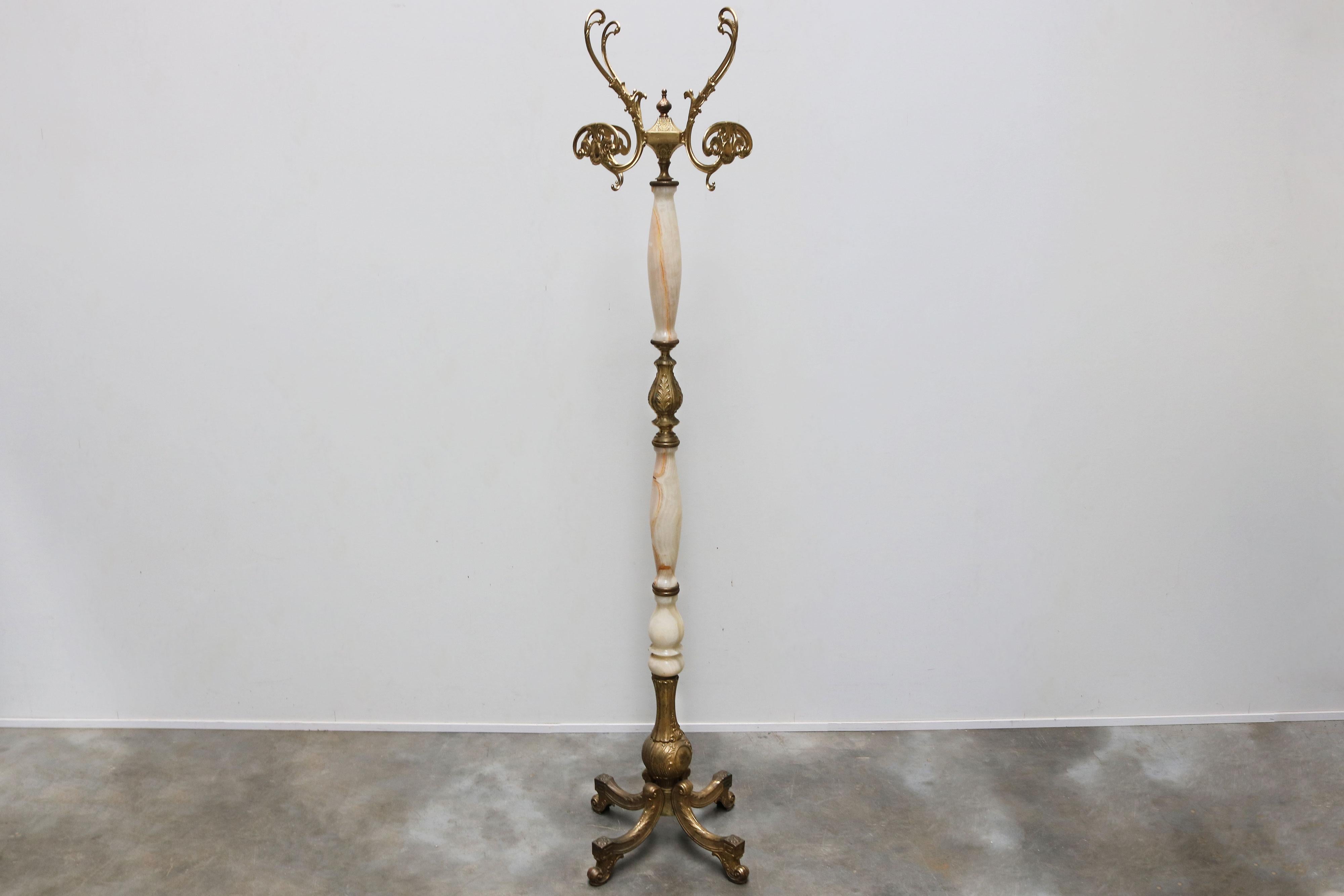 Italian Ornate Antique Brass & Onyx Round Marble Coat Hat Rack Hall Tree 1940 8