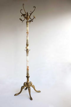 Italian Ornate Antique Brass & Onyx Square Marble Coat Hat Rack Hall Tree Stand