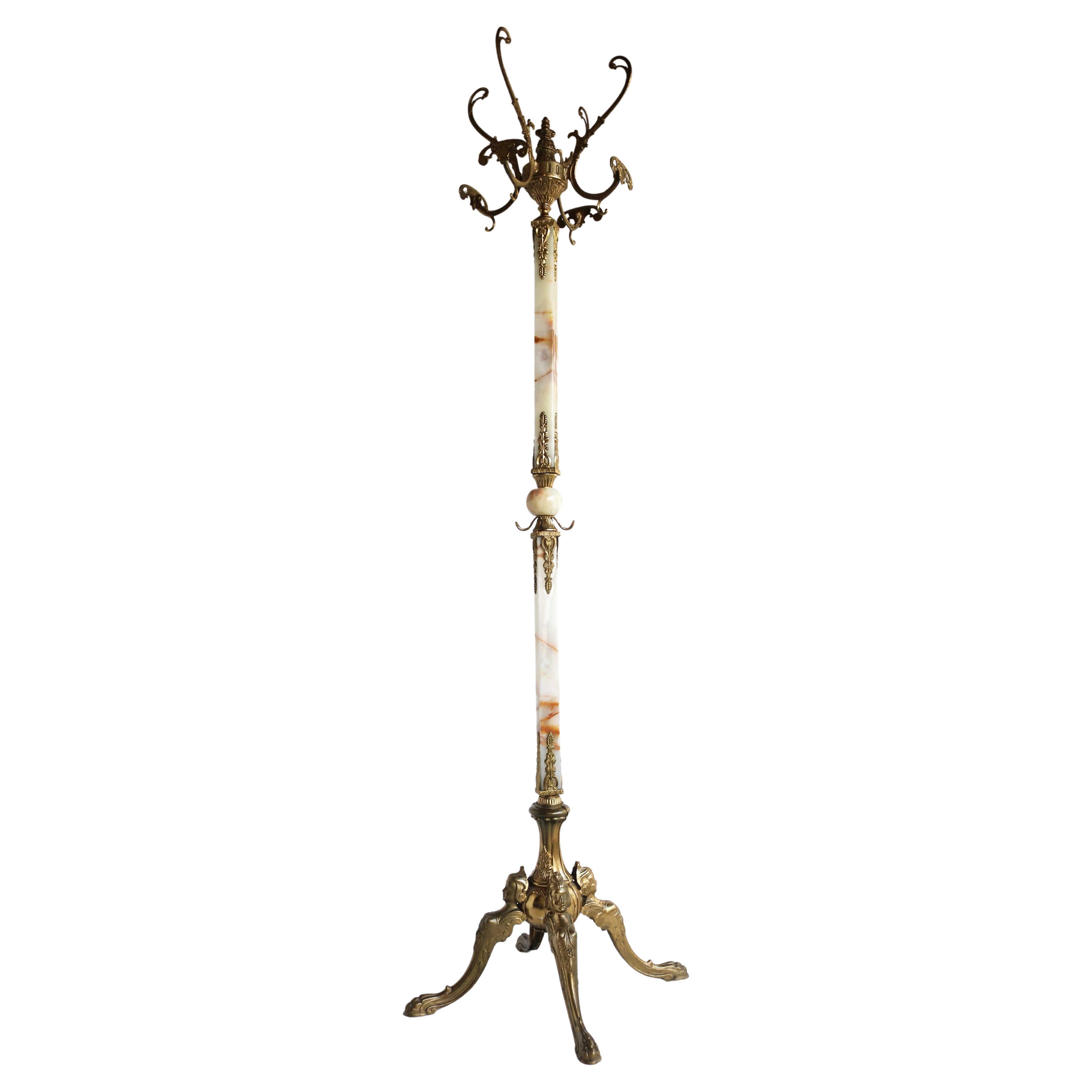 Italian Ornate Antique Brass & Onyx Square Marble Coat Hat Rack Hall Tree Stand