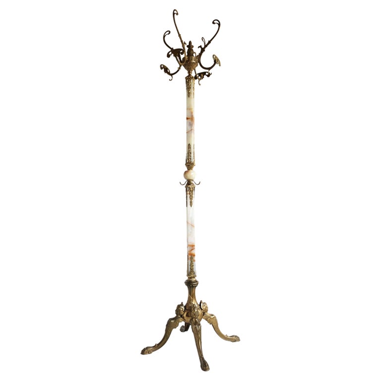 Italian Ornate Antique Brass & Onyx Square Marble Coat Hat Rack Hall Tree Stand For Sale