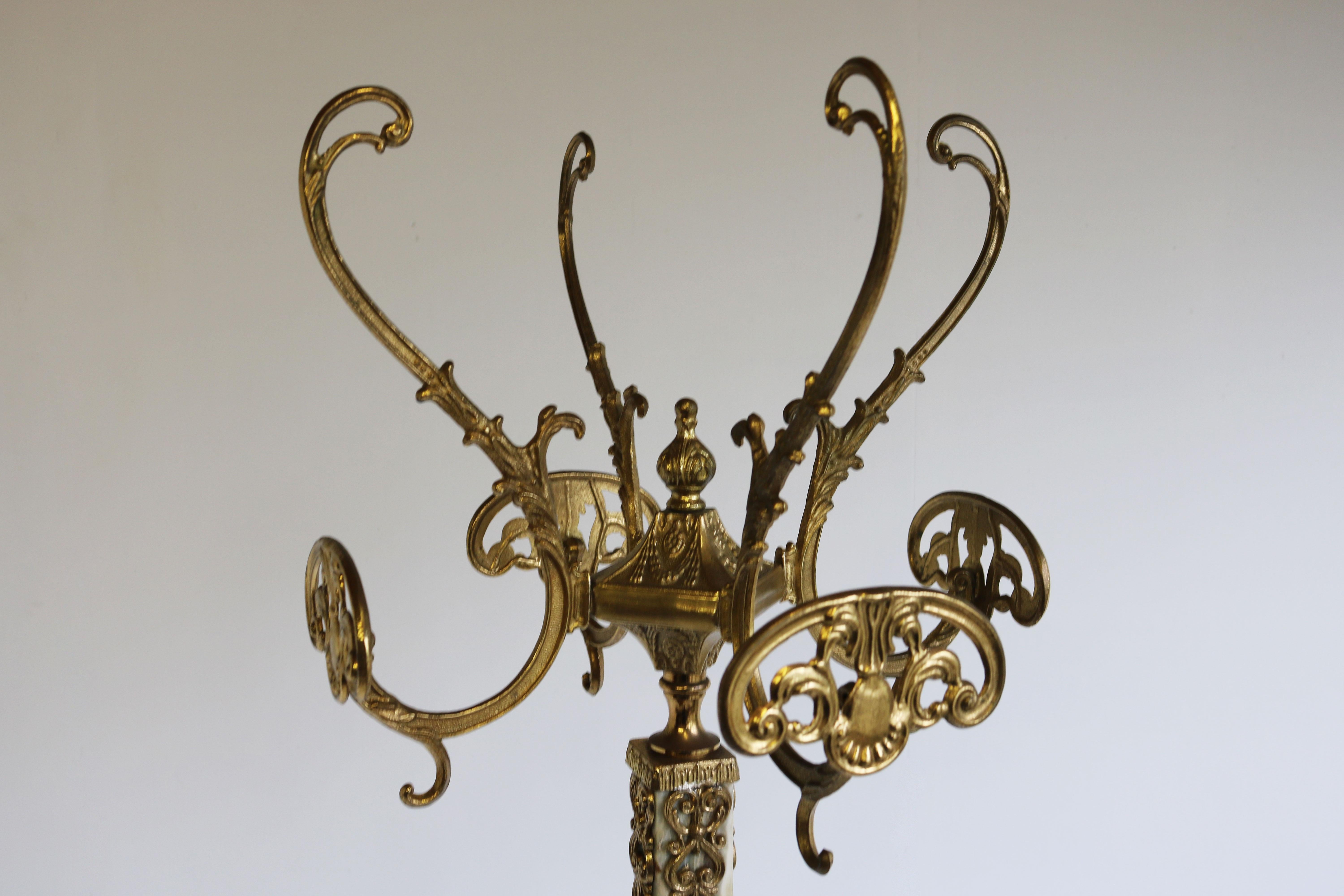 Italian Ornate Brass Marble Luxury Coat Rack Hall Tree 50s Hallway Hat Rack Onyx 5
