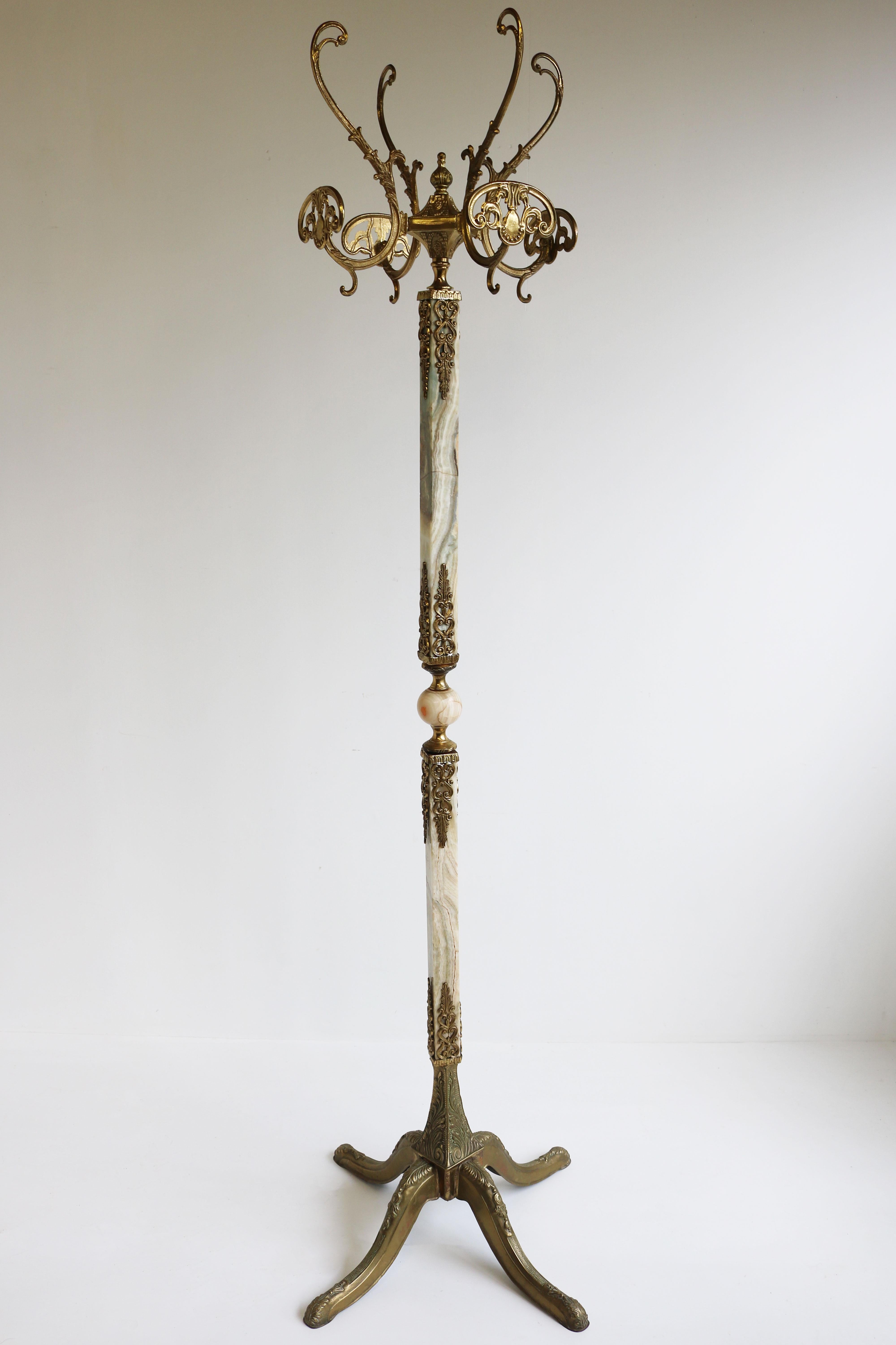 Italian Ornate Brass Marble Luxury Coat Rack Hall Tree 50s Hallway Hat Rack Onyx 6