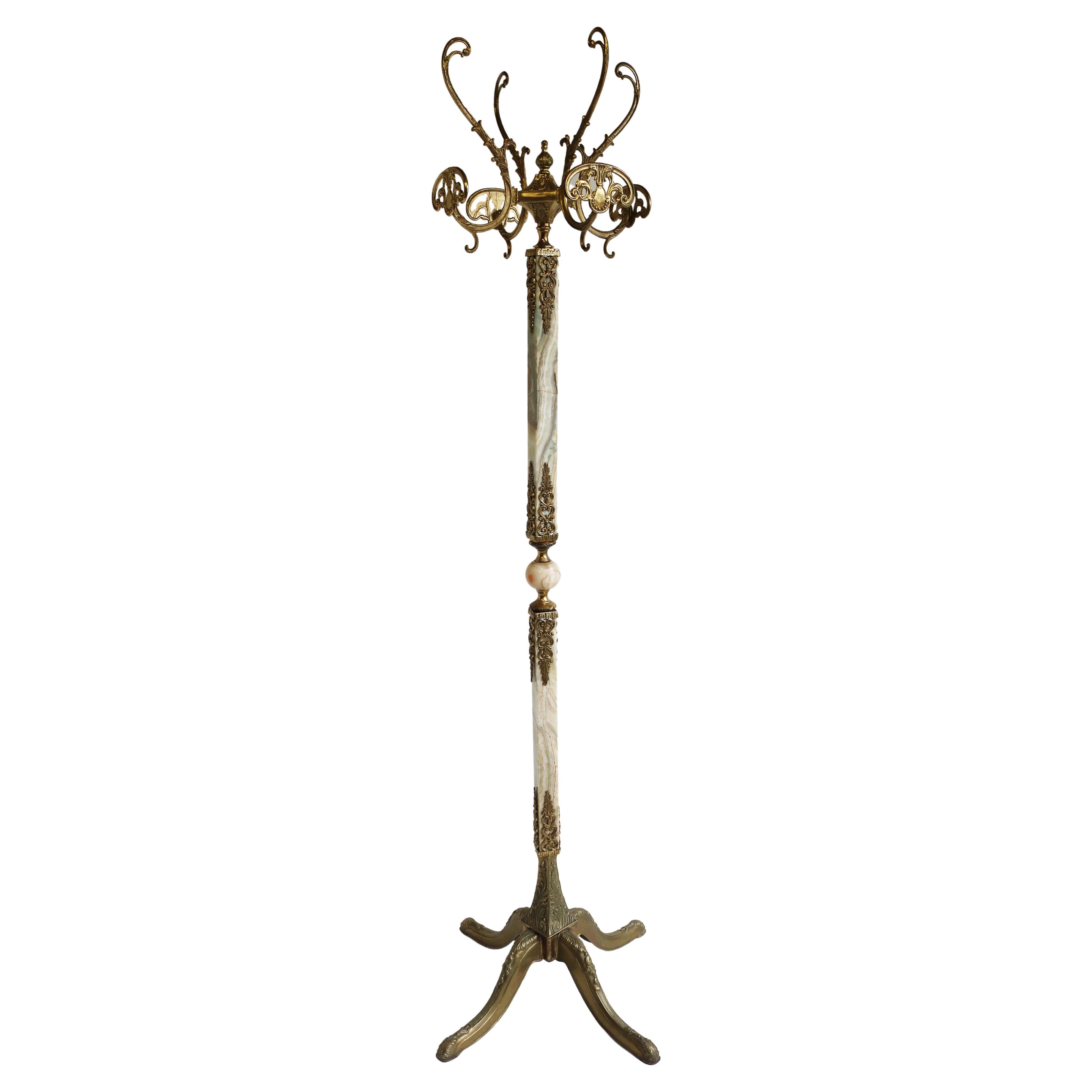 Italian Ornate Brass Marble Luxury Coat Rack Hall Tree 50s Hallway Hat Rack Onyx