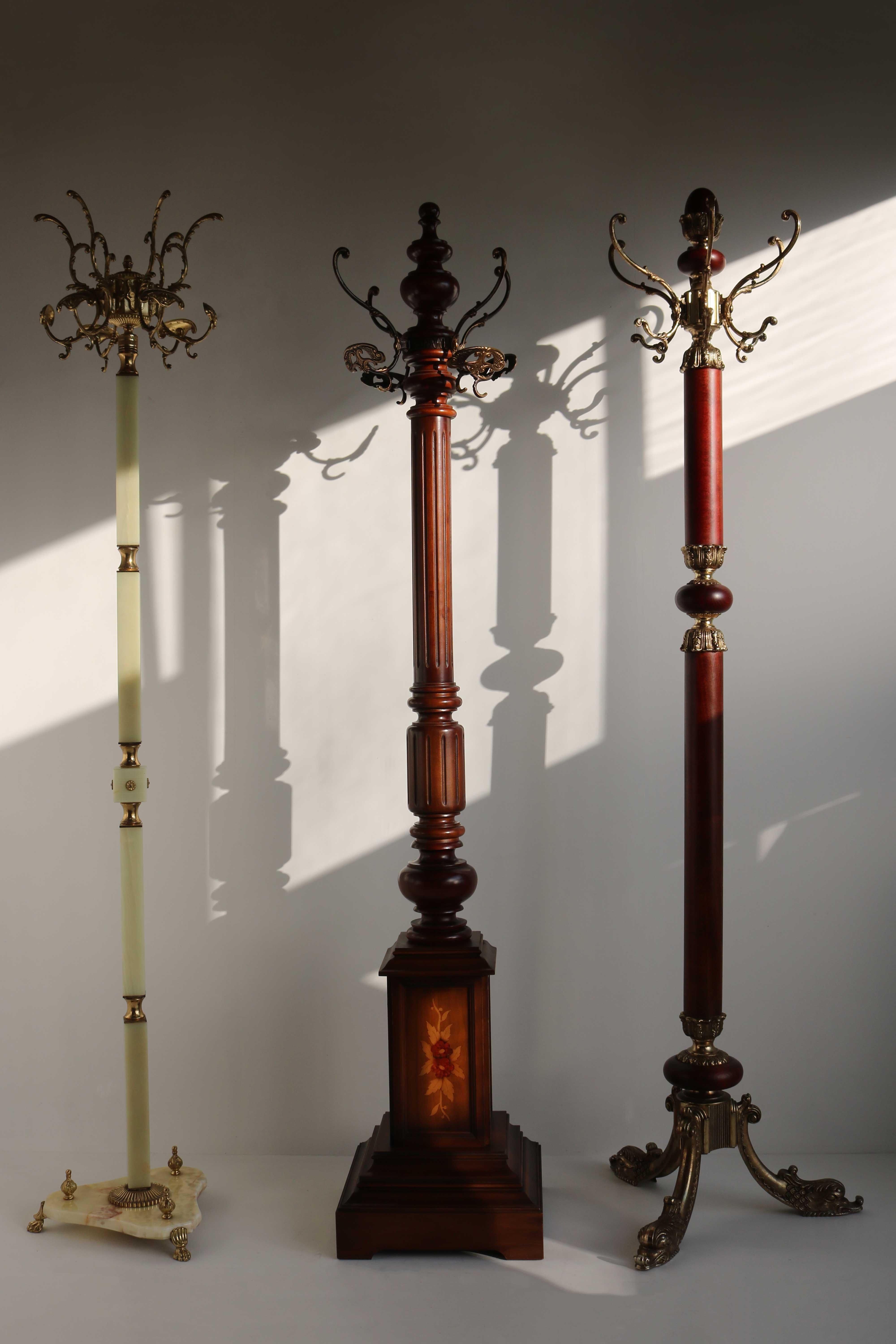 Italian Ornate Brass & Wood Coat Hat Rack Hall Tree Floor Stand Neo Classical 4
