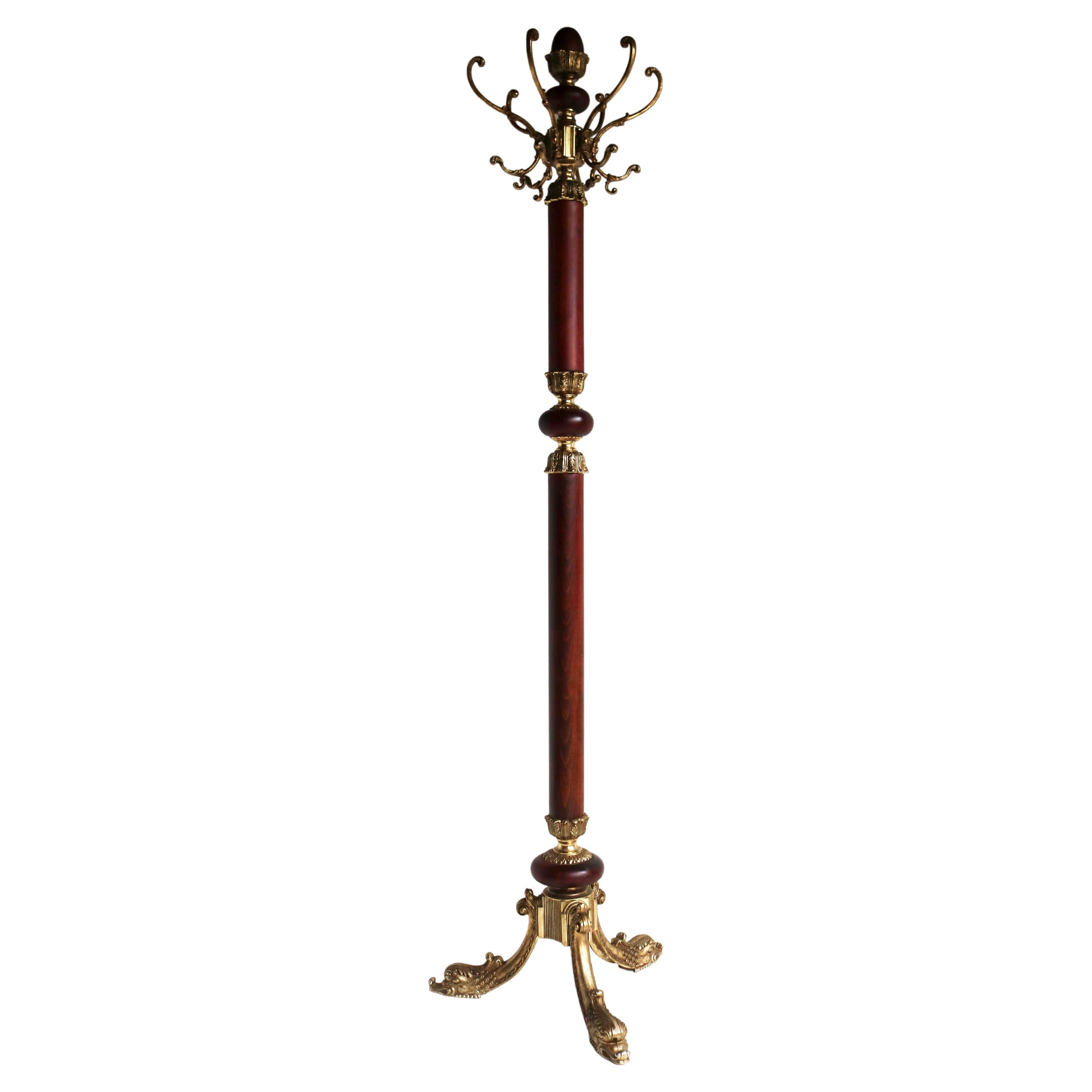 Italian Ornate Brass & Wood Coat Hat Rack Hall Tree Floor Stand Neo Classical