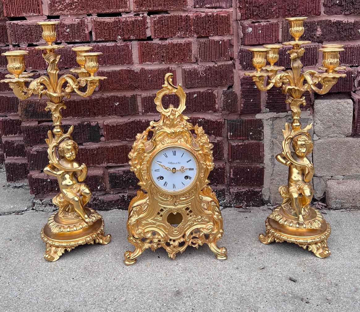 Italian Ornate Mantel Clock with Two Figural Cherub Candelabras - Garniture Set For Sale 3