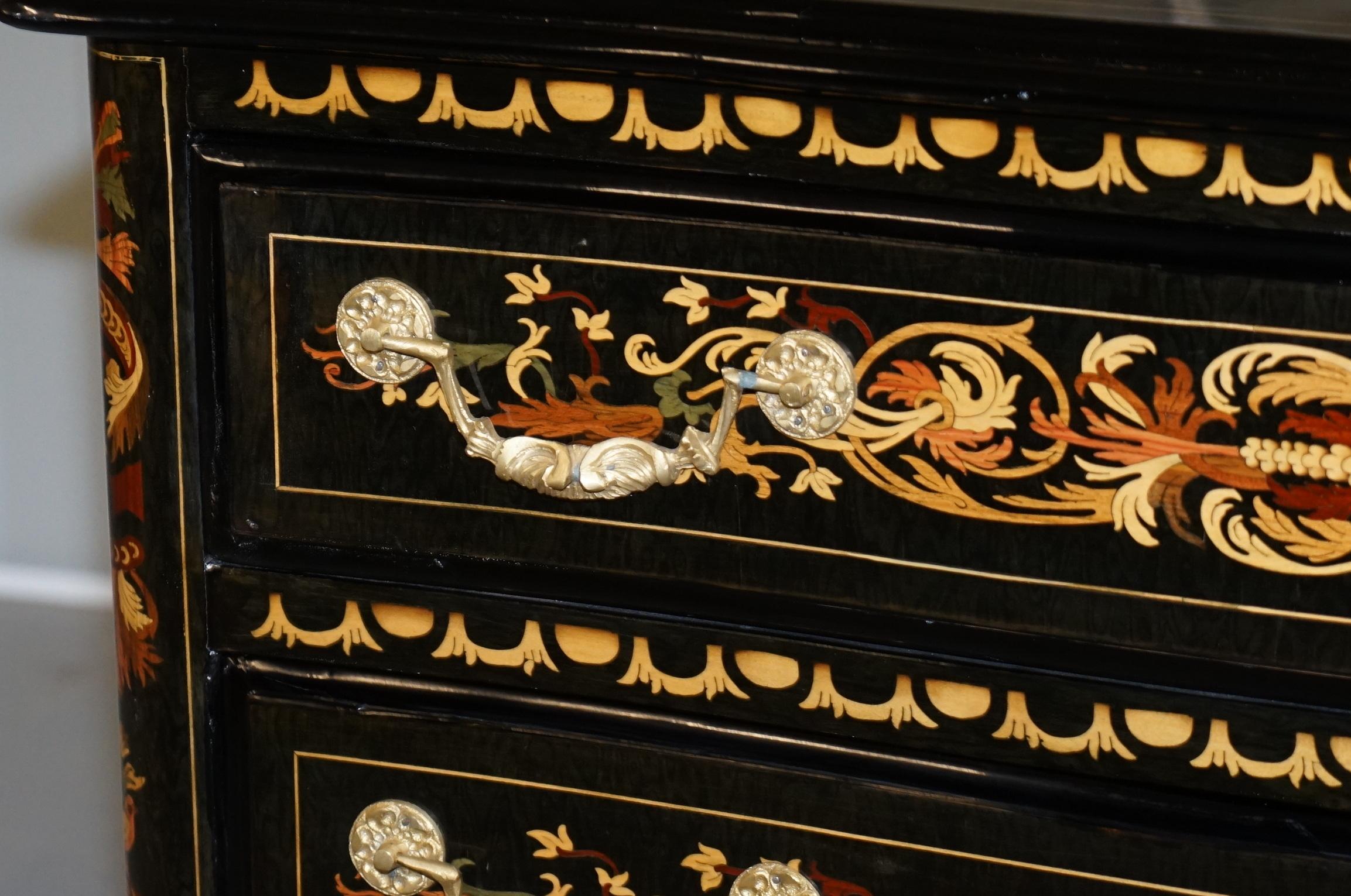 Italian Ornate Marquetry Inlaid Chest of Drawers with Black Lacquered Finish 5