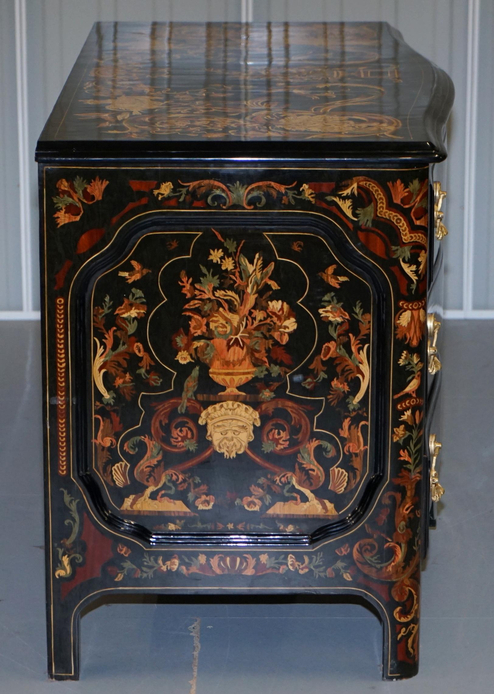 Italian Ornate Marquetry Inlaid Chest of Drawers with Black Lacquered Finish 7