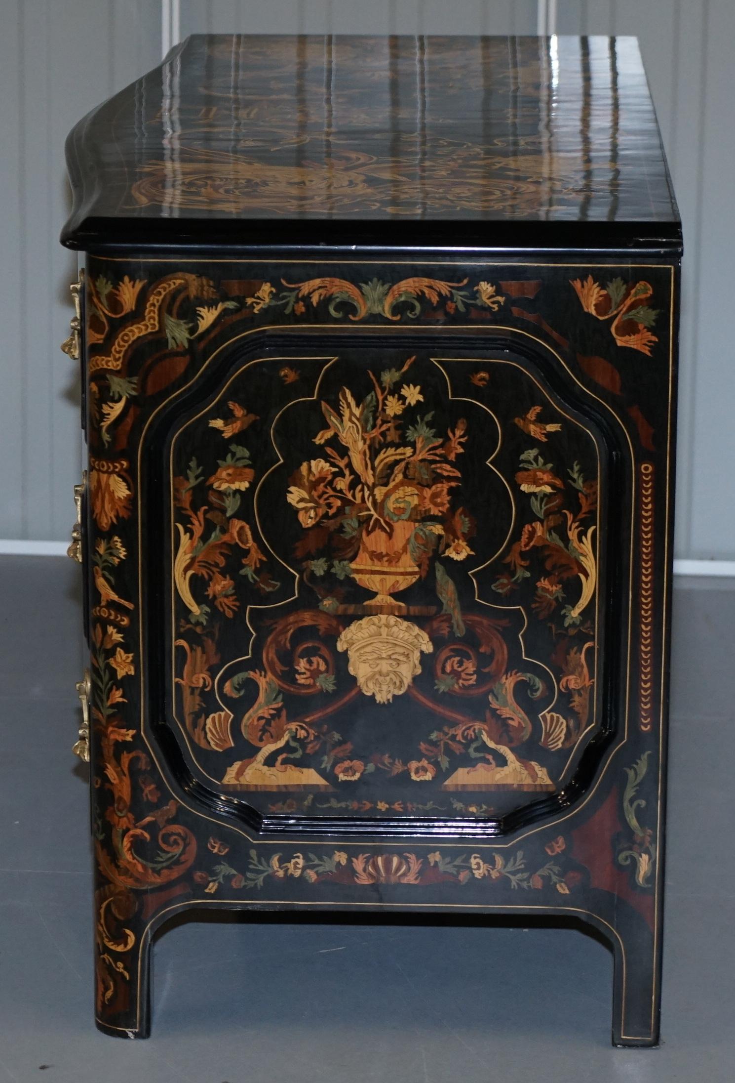 Italian Ornate Marquetry Inlaid Chest of Drawers with Black Lacquered Finish 11