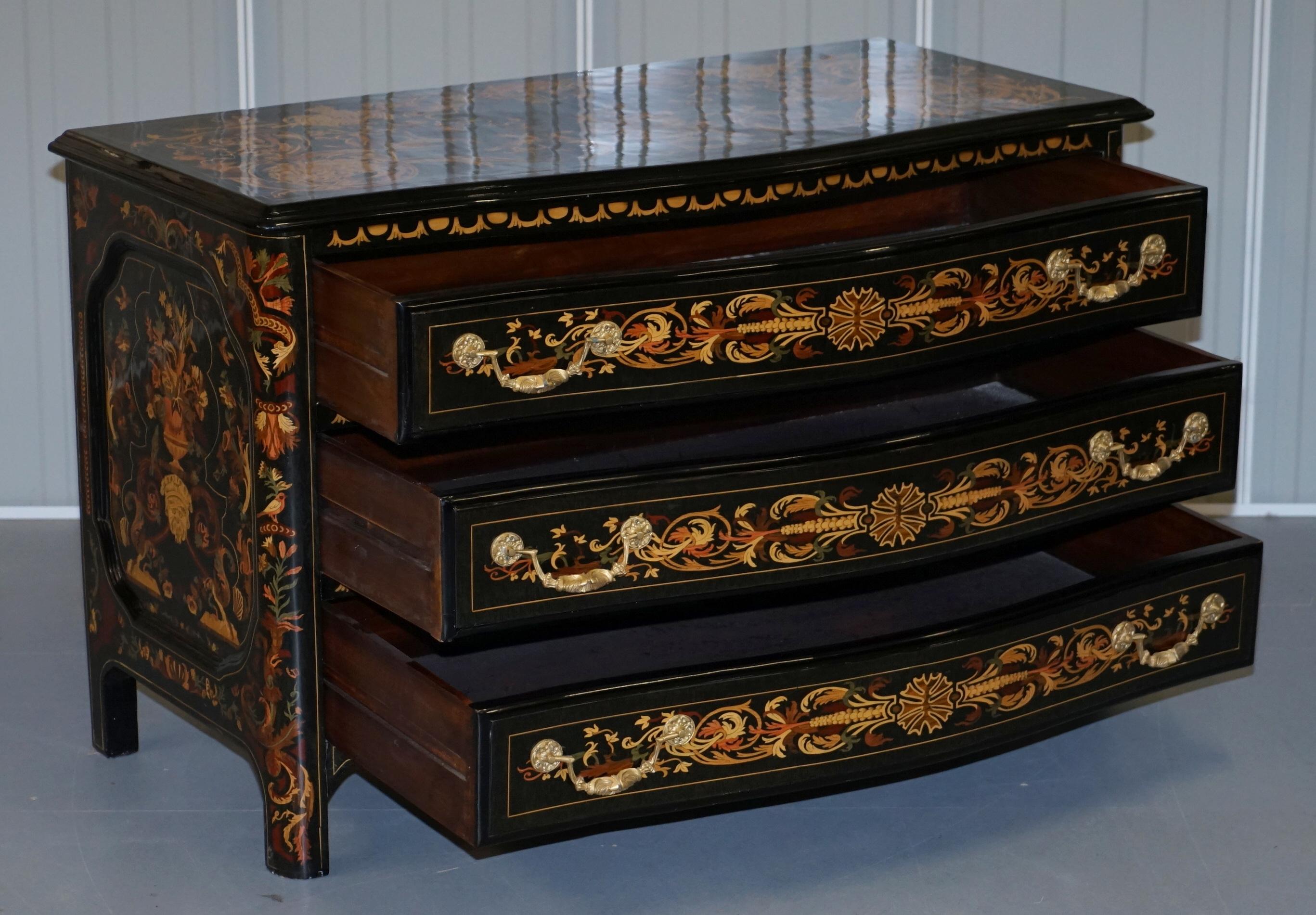 Italian Ornate Marquetry Inlaid Chest of Drawers with Black Lacquered Finish 13
