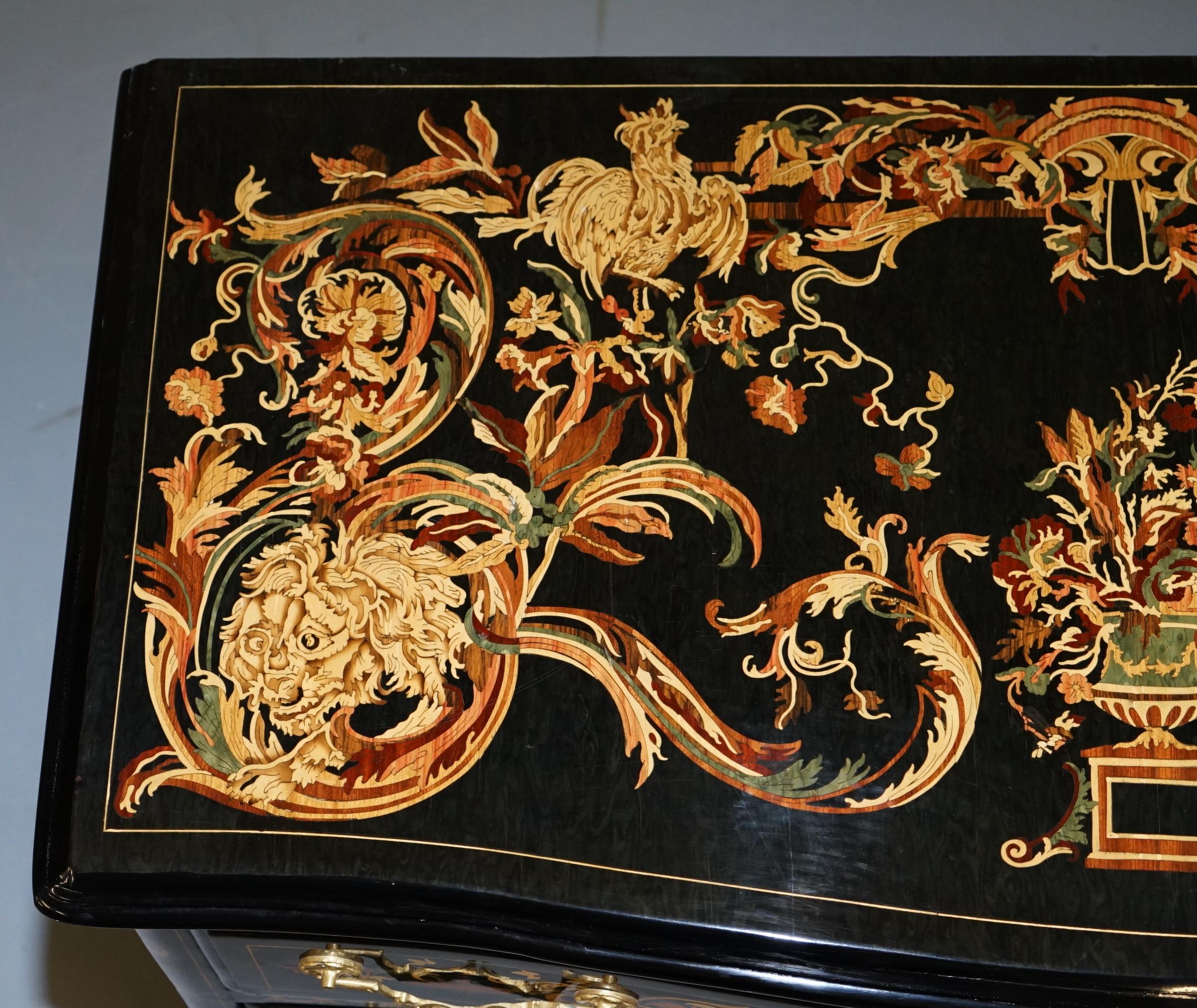 20th Century Italian Ornate Marquetry Inlaid Chest of Drawers with Black Lacquered Finish