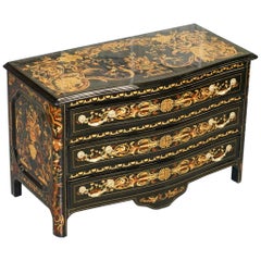 Italian Ornate Marquetry Inlaid Chest of Drawers with Black Lacquered Finish