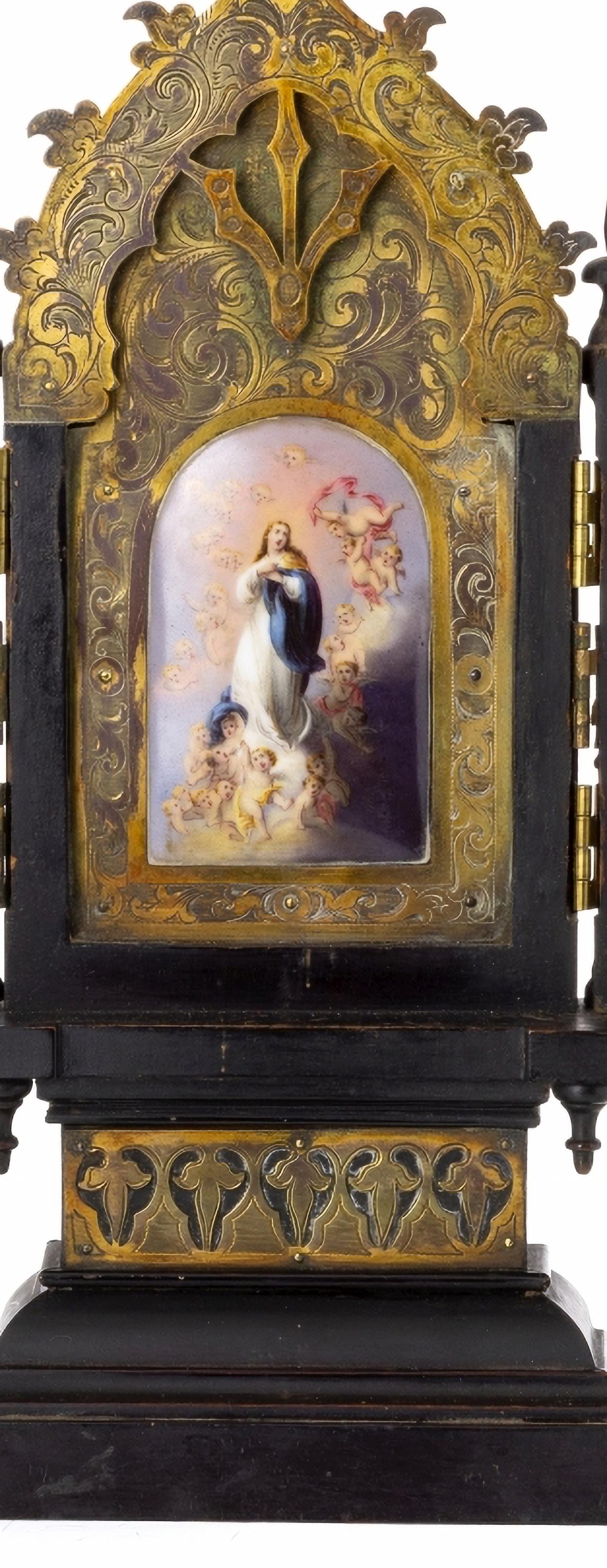 Our Lady of the Assumption Triptych
Italian,
19th Century
in ebonized wood with brass applications with an enamel plaque in the center representing the 
