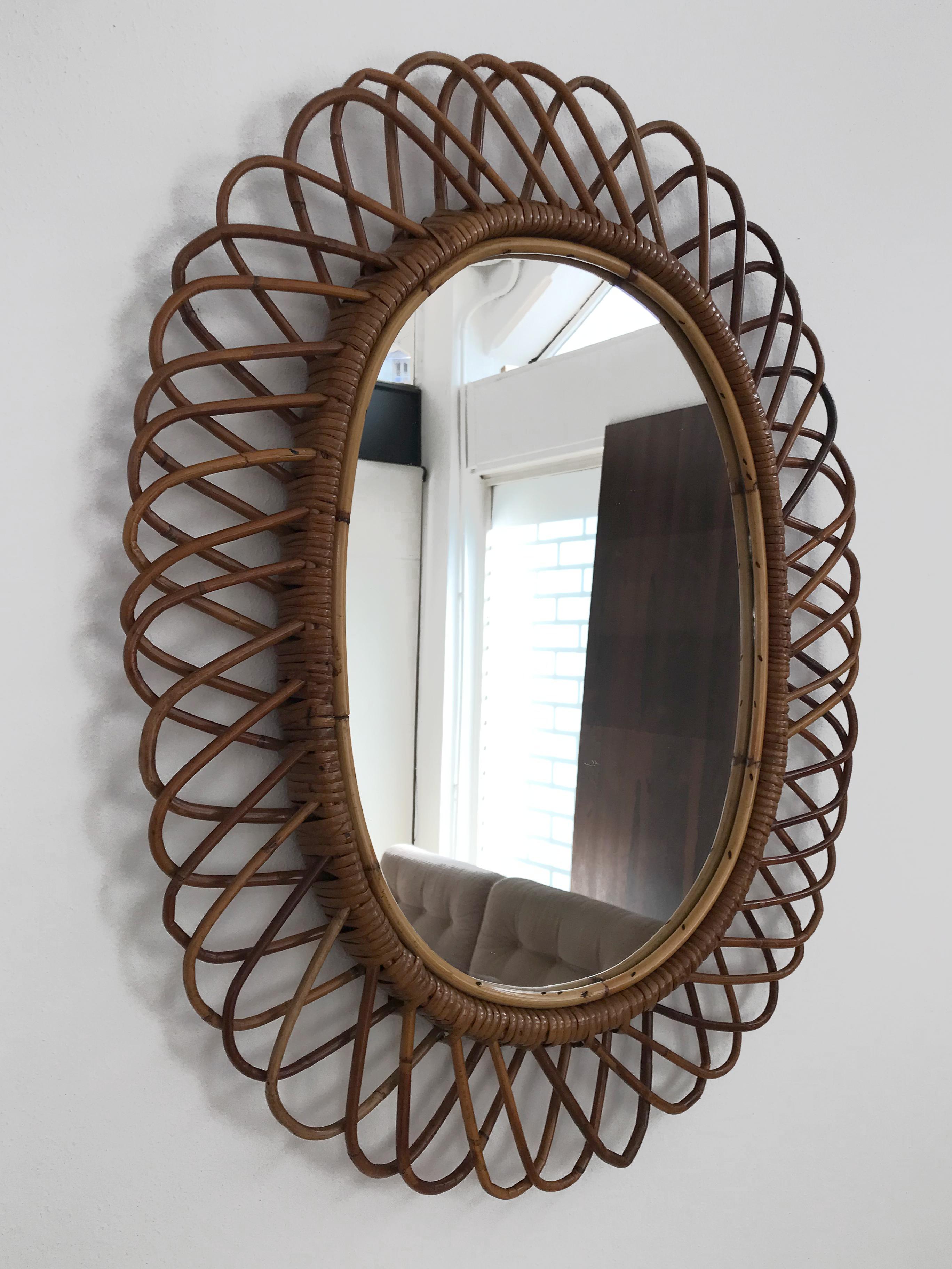 Mid-Century Modern Italian Oval Bamboo Rattan Midcentury Wall Mirror, 1950s For Sale