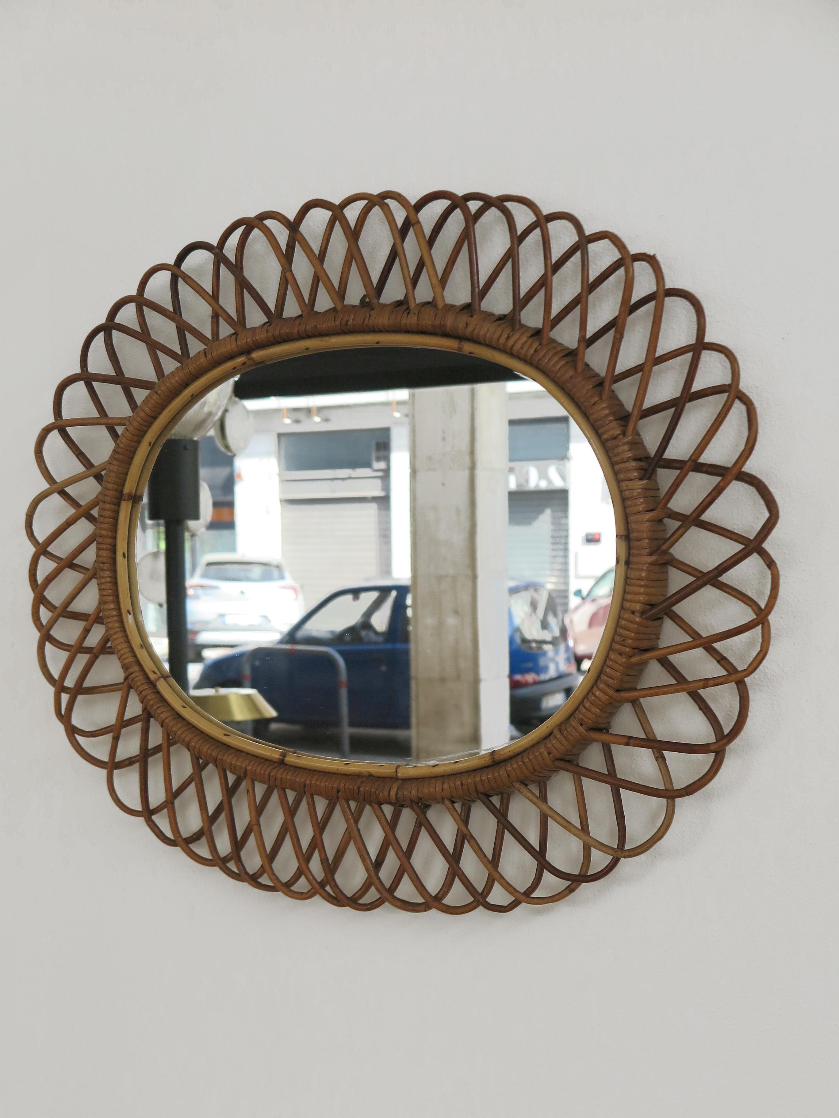 Italian Oval Bamboo Rattan Midcentury Wall Mirror, 1950s For Sale 2