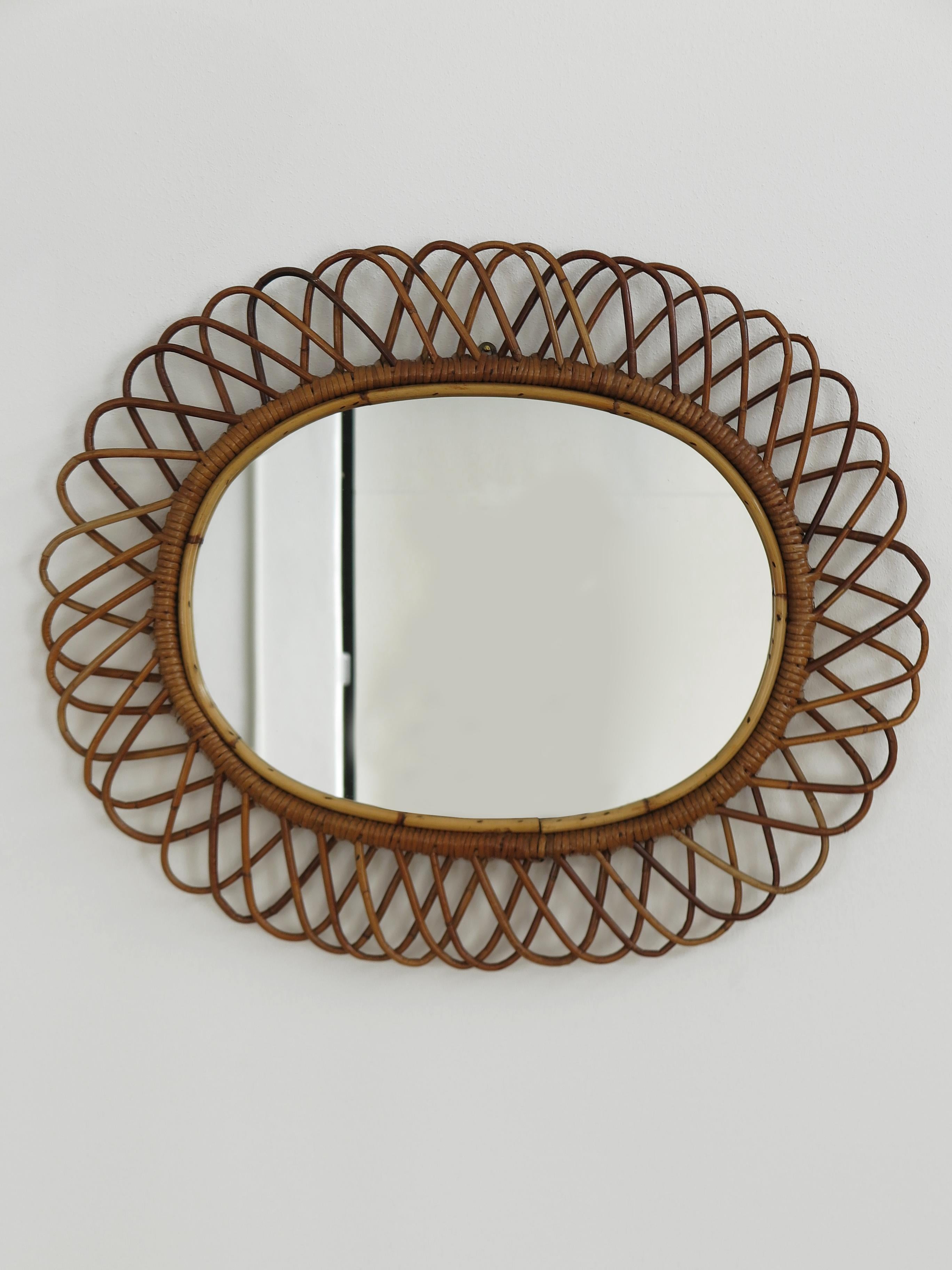 Italian Oval Bamboo Rattan Midcentury Wall Mirror, 1950s For Sale 3