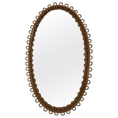 Italian Oval Bamboo Rattan Midcentury Wall Mirror, 1950s