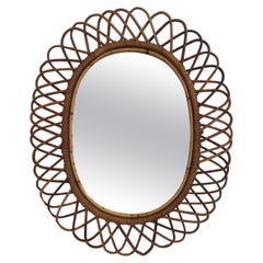 Italian Oval Bamboo Rattan Midcentury Wall Mirror, 1950s
