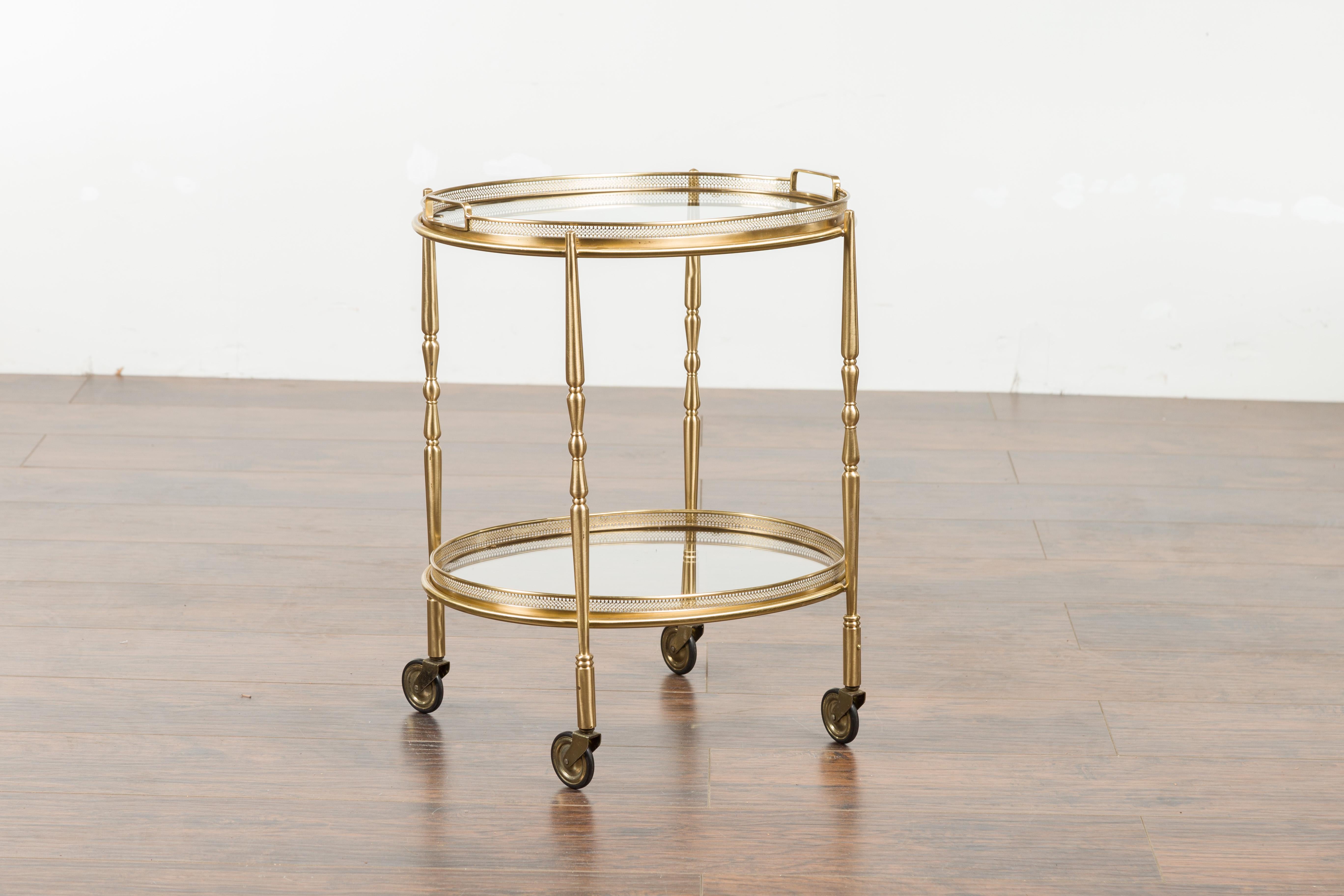 Italian Oval Brass Cart with Pierced Gallery, Glass Shelves and Casters 6