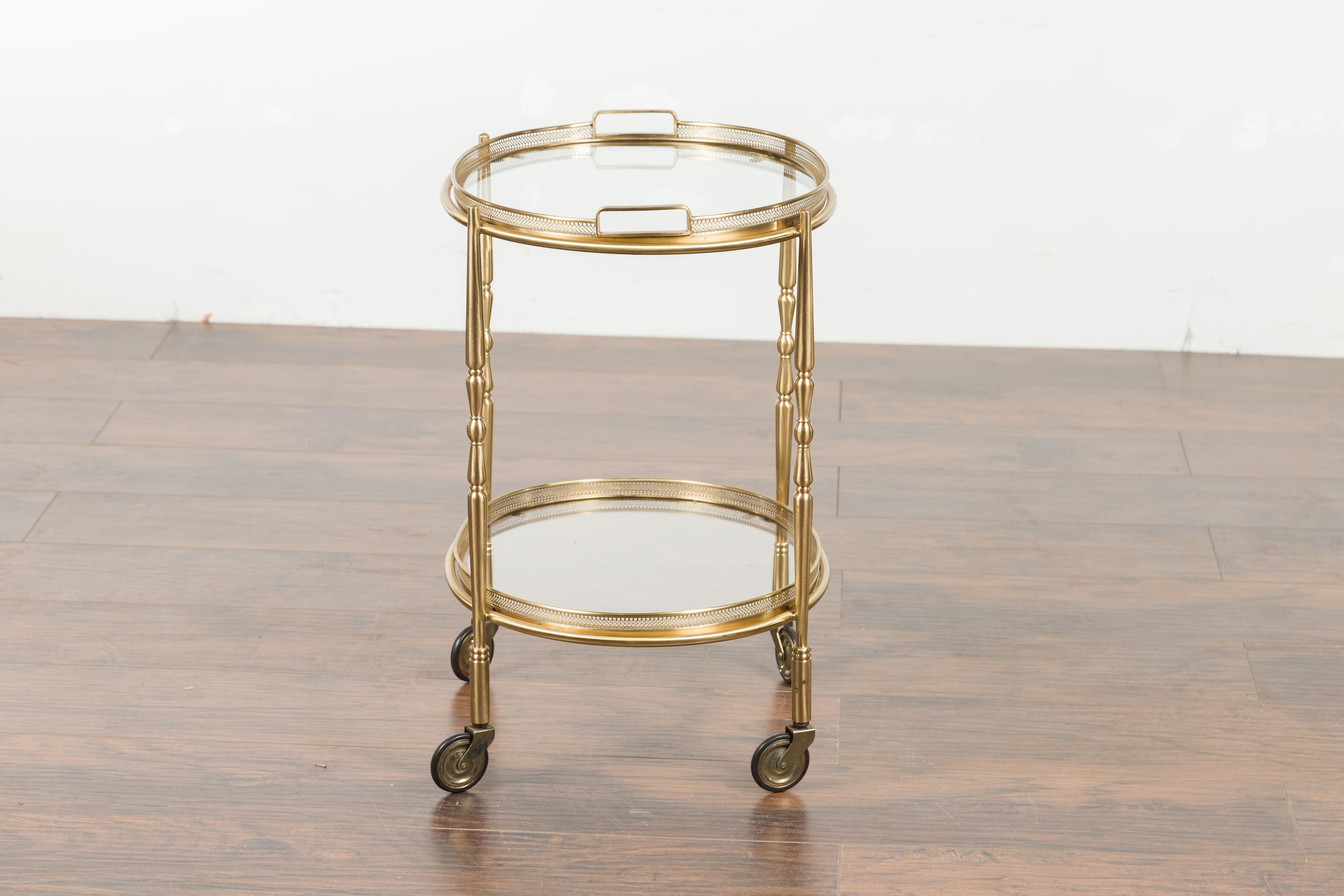 Italian Oval Brass Cart with Pierced Gallery, Glass Shelves and Casters 8