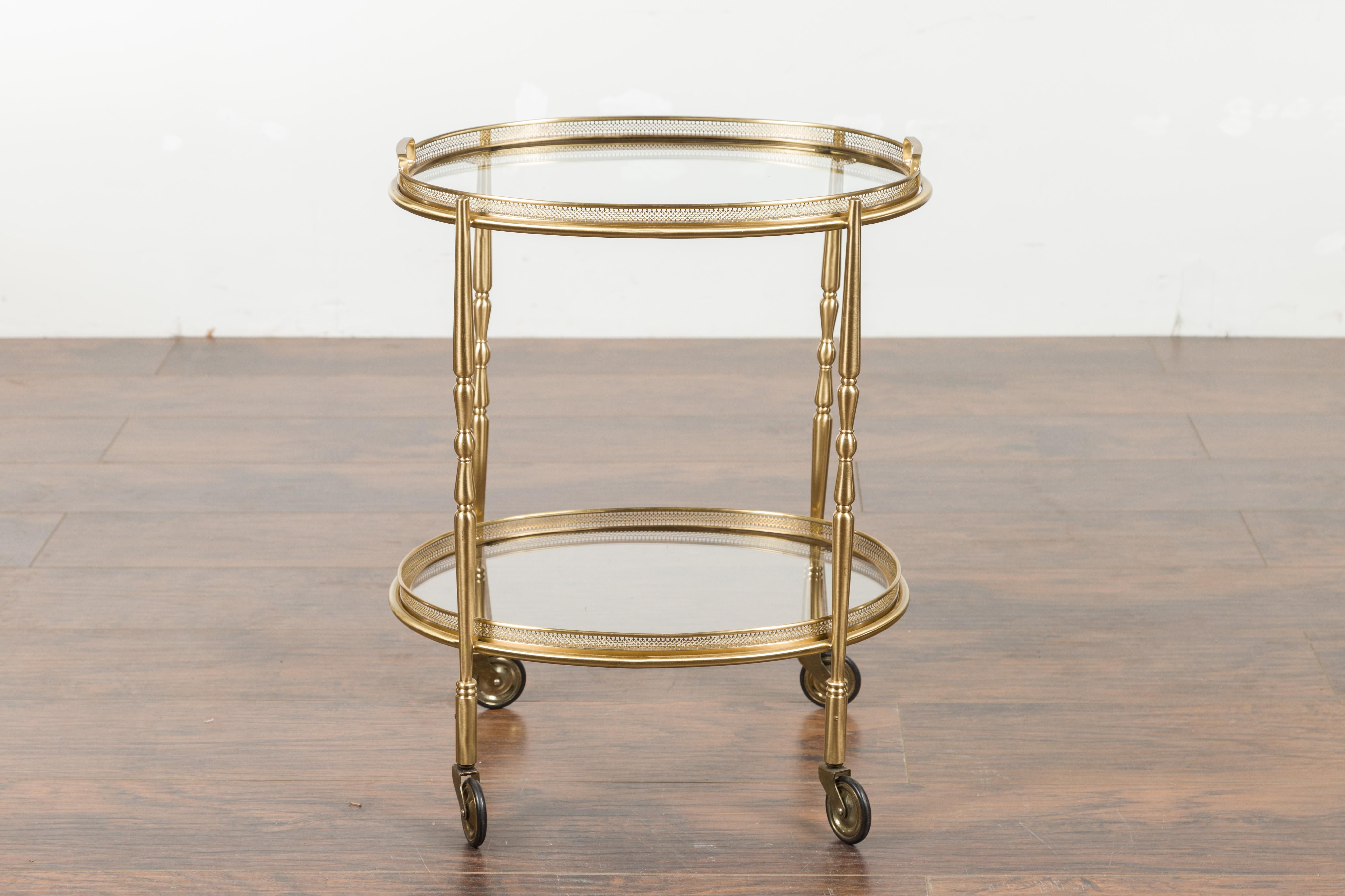 Italian Oval Brass Cart with Pierced Gallery, Glass Shelves and Casters 10