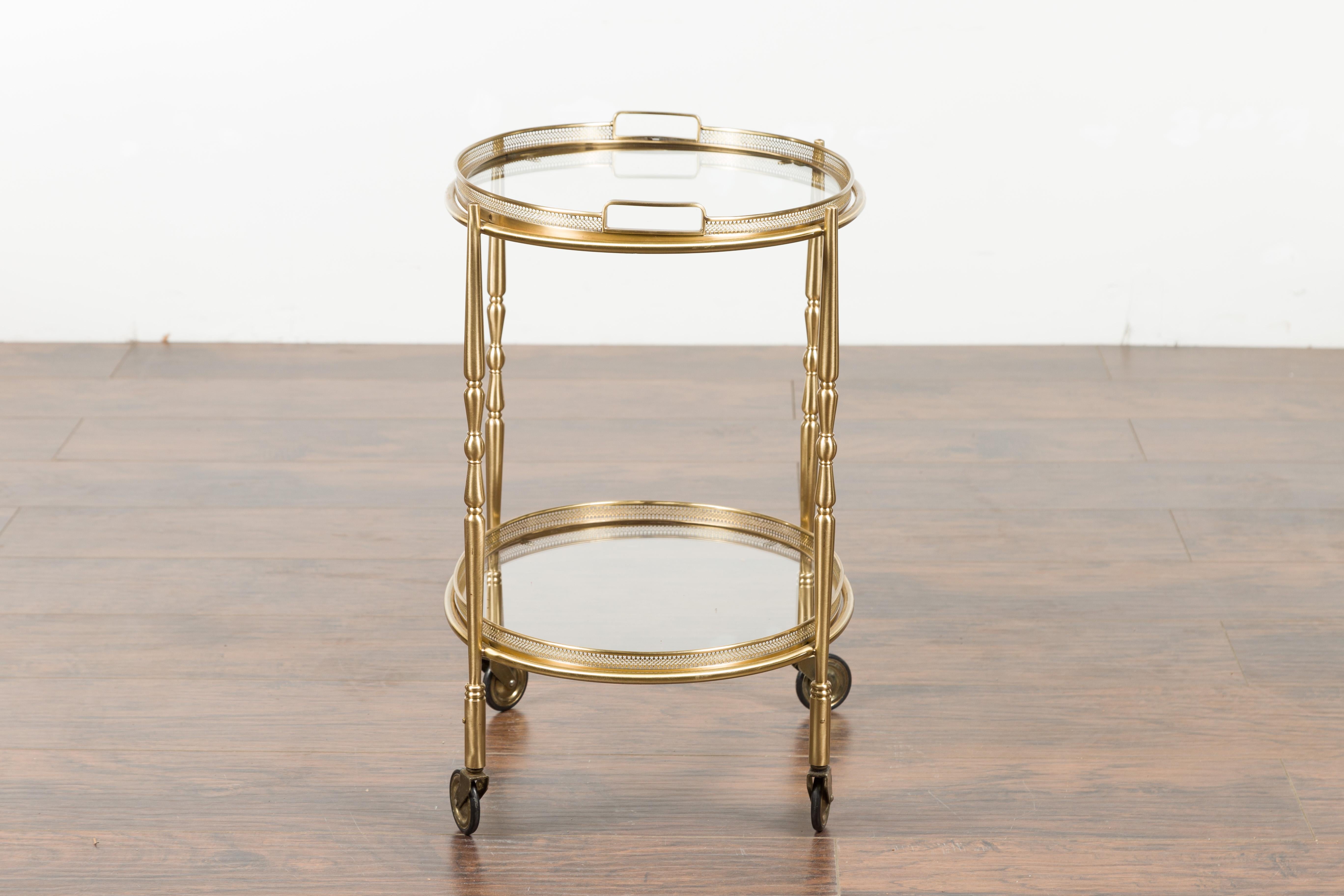 Italian Oval Brass Cart with Pierced Gallery, Glass Shelves and Casters 11