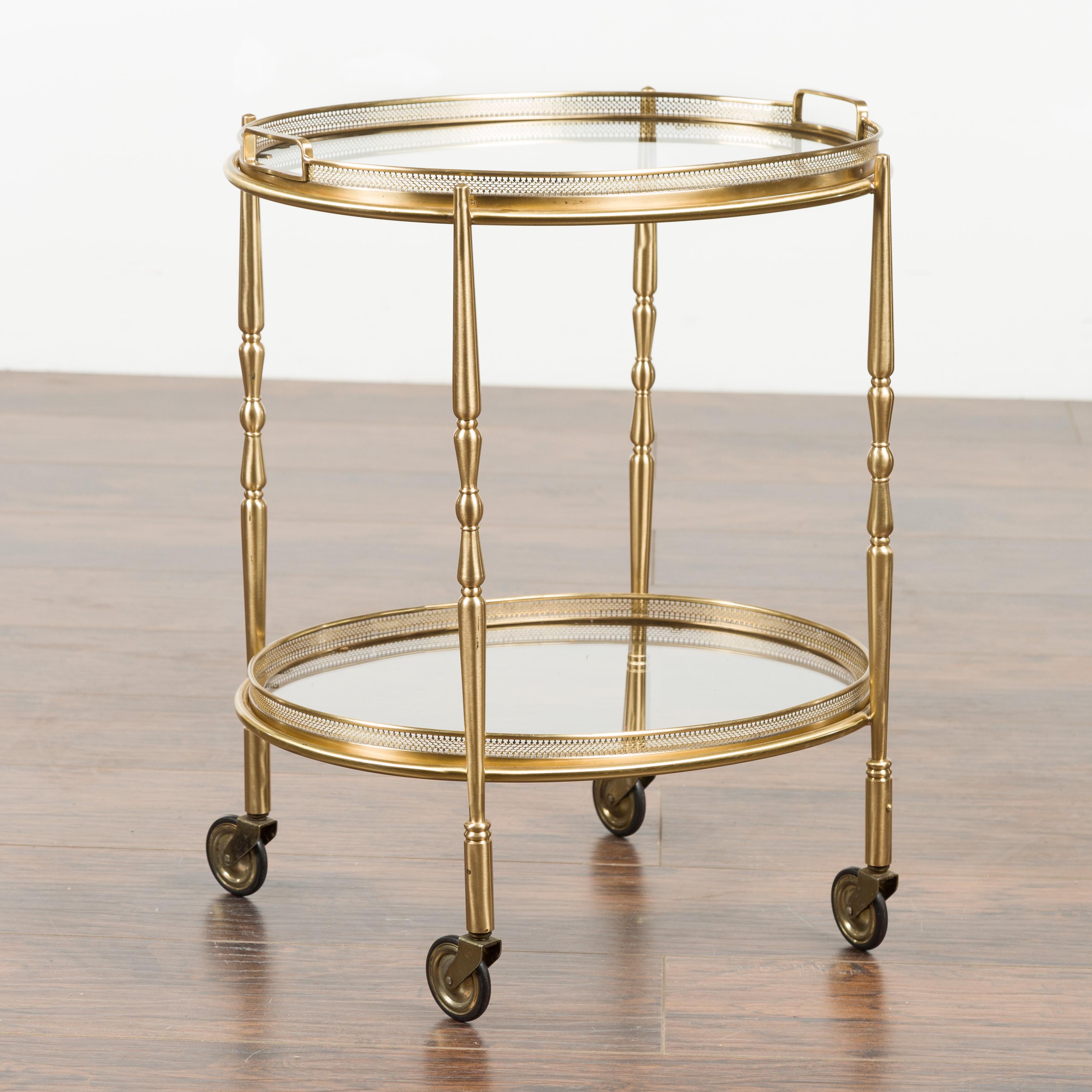 Mid-Century Modern Italian Oval Brass Cart with Pierced Gallery, Glass Shelves and Casters