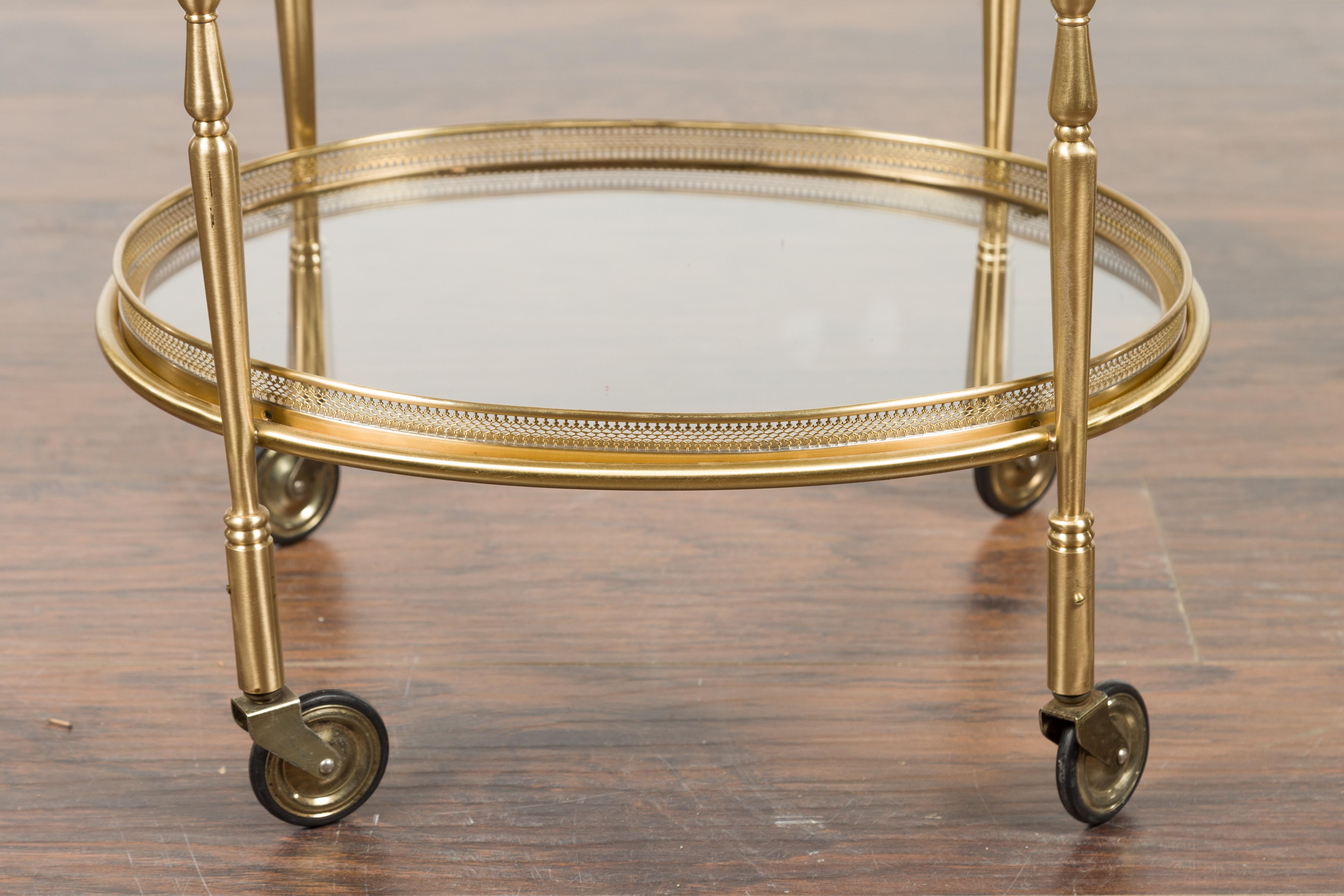 Italian Oval Brass Cart with Pierced Gallery, Glass Shelves and Casters 4