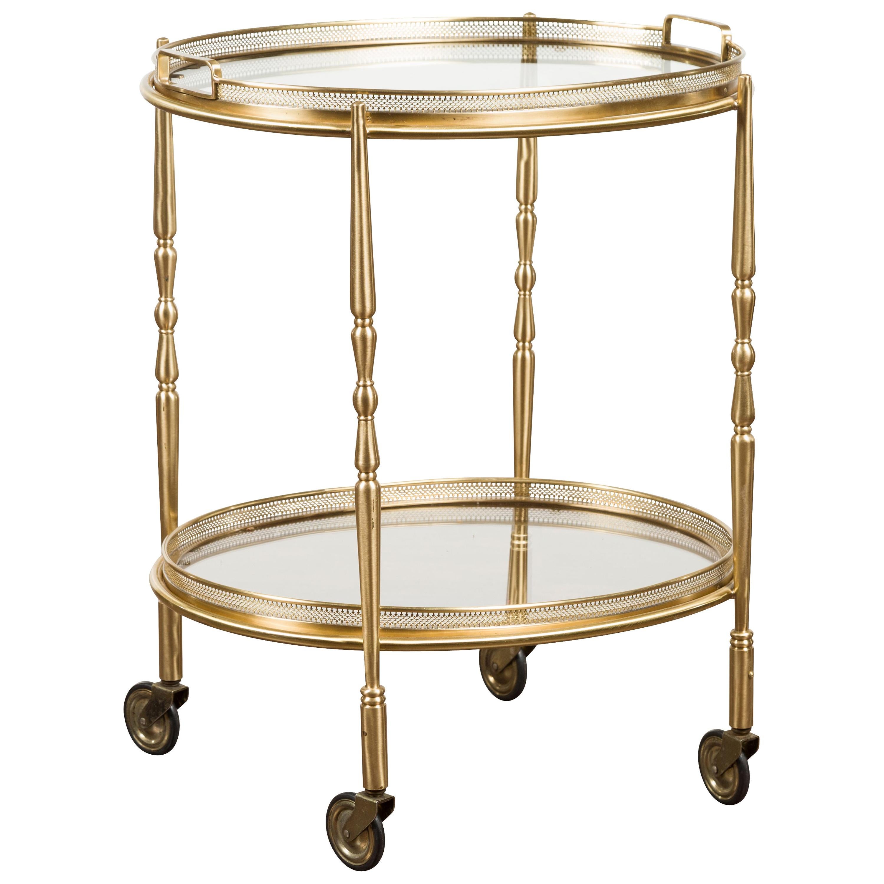 Italian Oval Brass Cart with Pierced Gallery, Glass Shelves and Casters