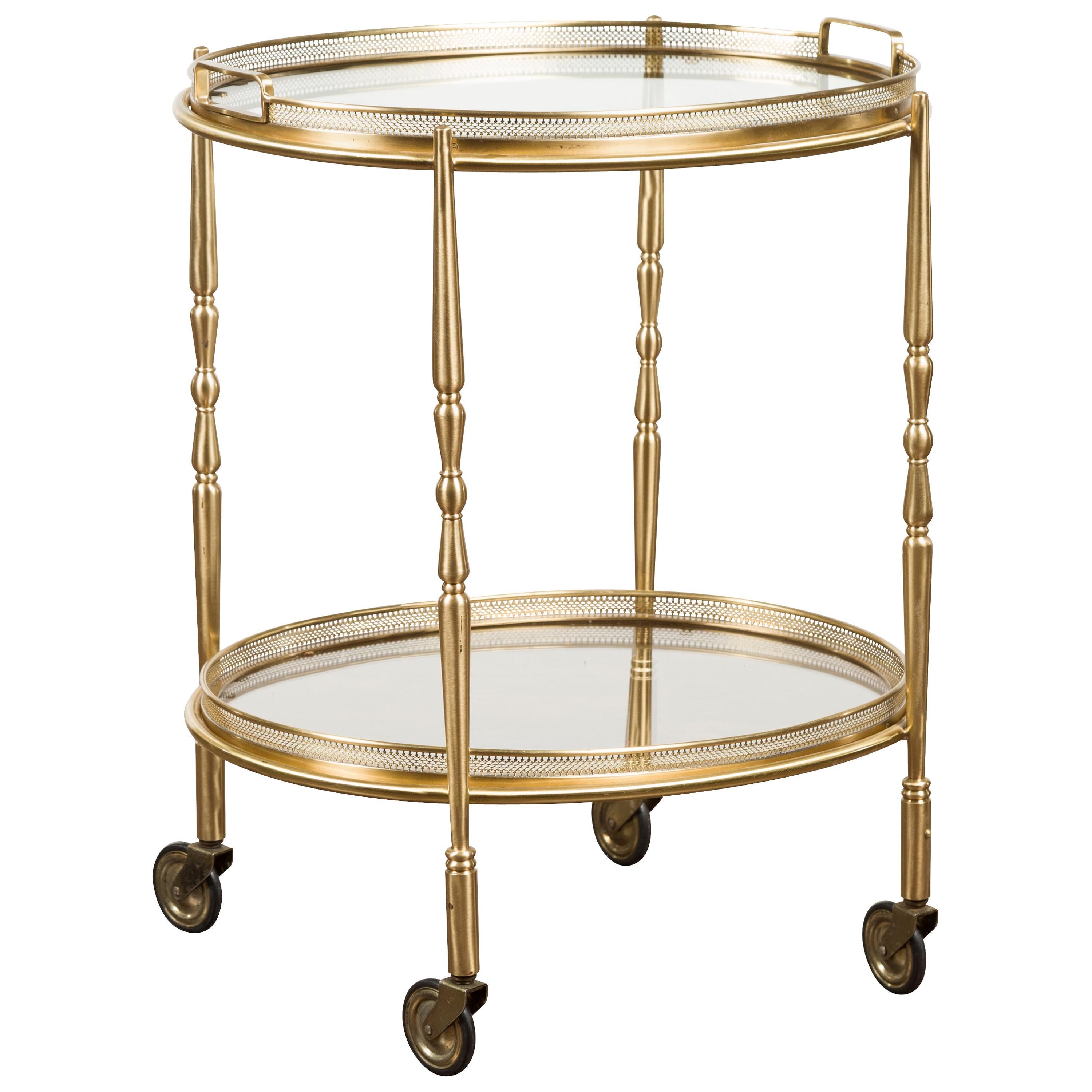 French Midcentury Brass TwoTiered Oval Cart with Glass Shelves and