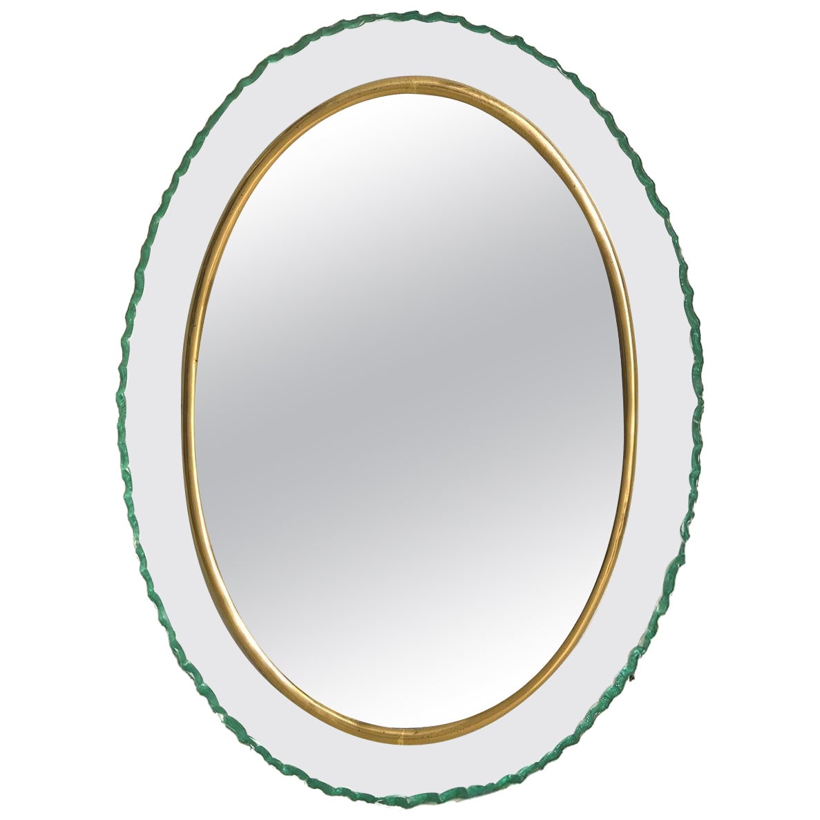 Italian Oval Brass + Glass Wall Mirror, 1960s